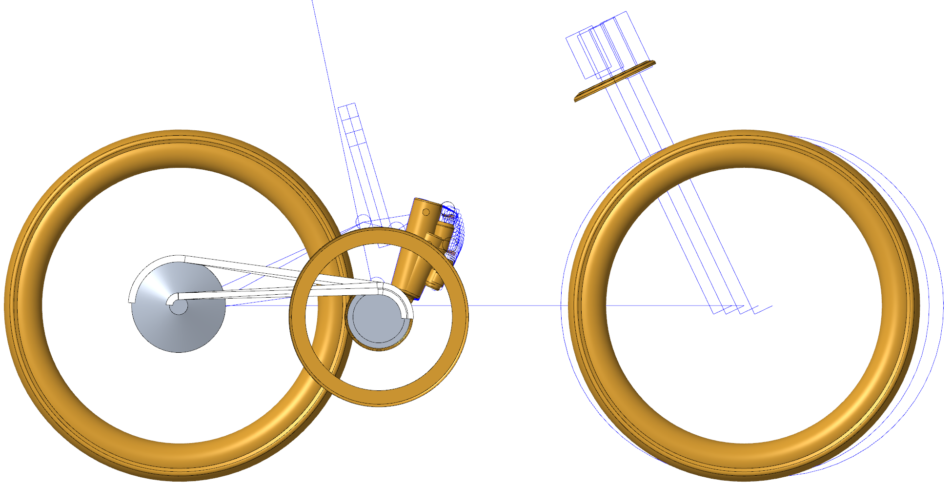 3D CAD model of a mechanical assembly featuring two large gold-colored circular components, some smaller gray mechanical parts, and various blue wireframe outlines representing additional components or structures.