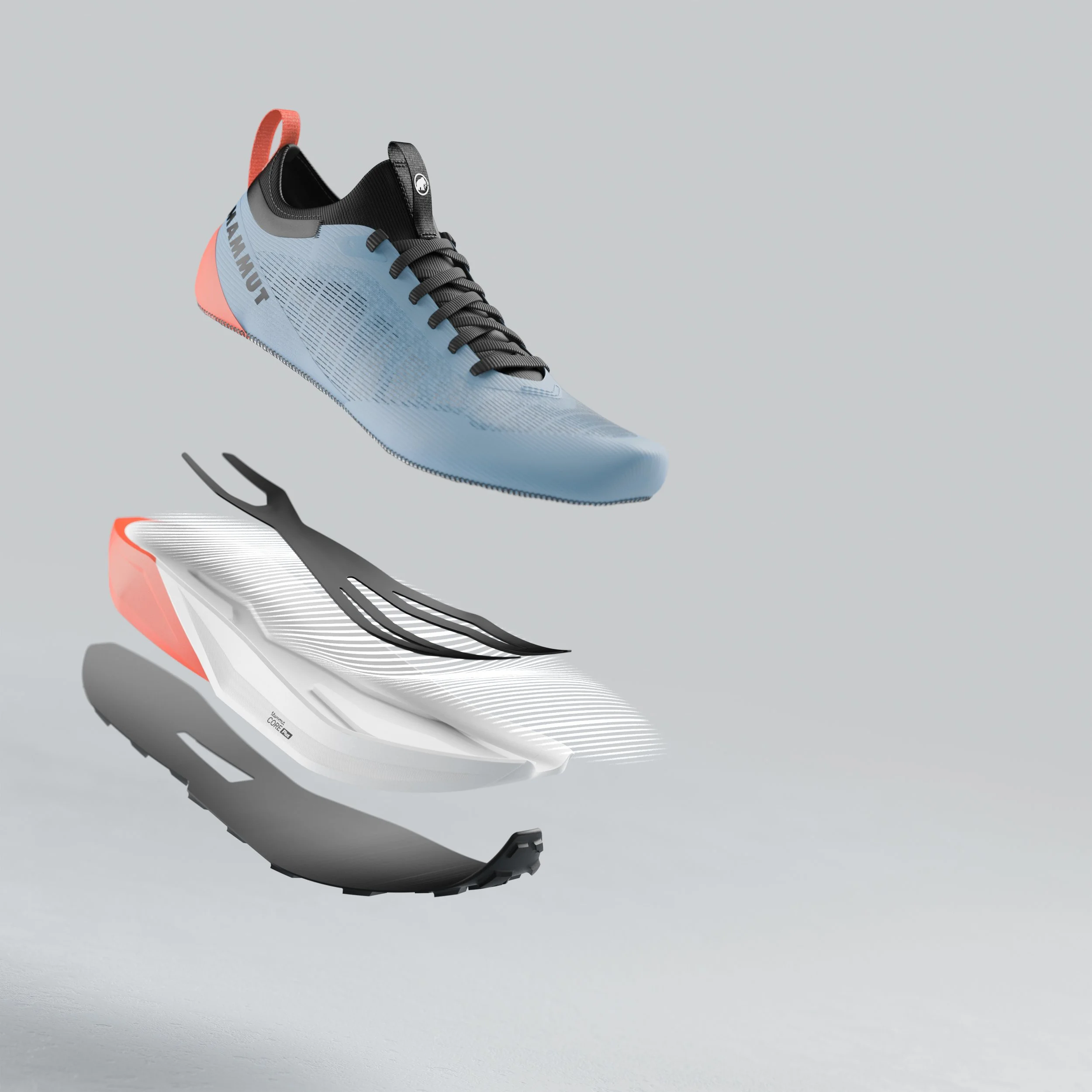 Une chaussure de course légère de couleur blanche avec des accents gris, noirs, et des détails roses, vue de profil. Logo de la marque visible sur la languette et le côté, chaussure suspendue dans un environnement neutre.