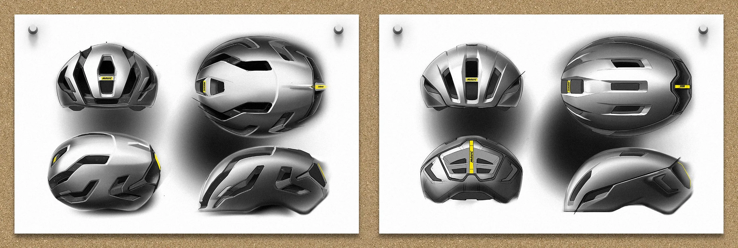 Planches de dessin digitaux avec vues géométrales de concepts sur le projet de design du casque de vélo de route Mavic Comete SL.