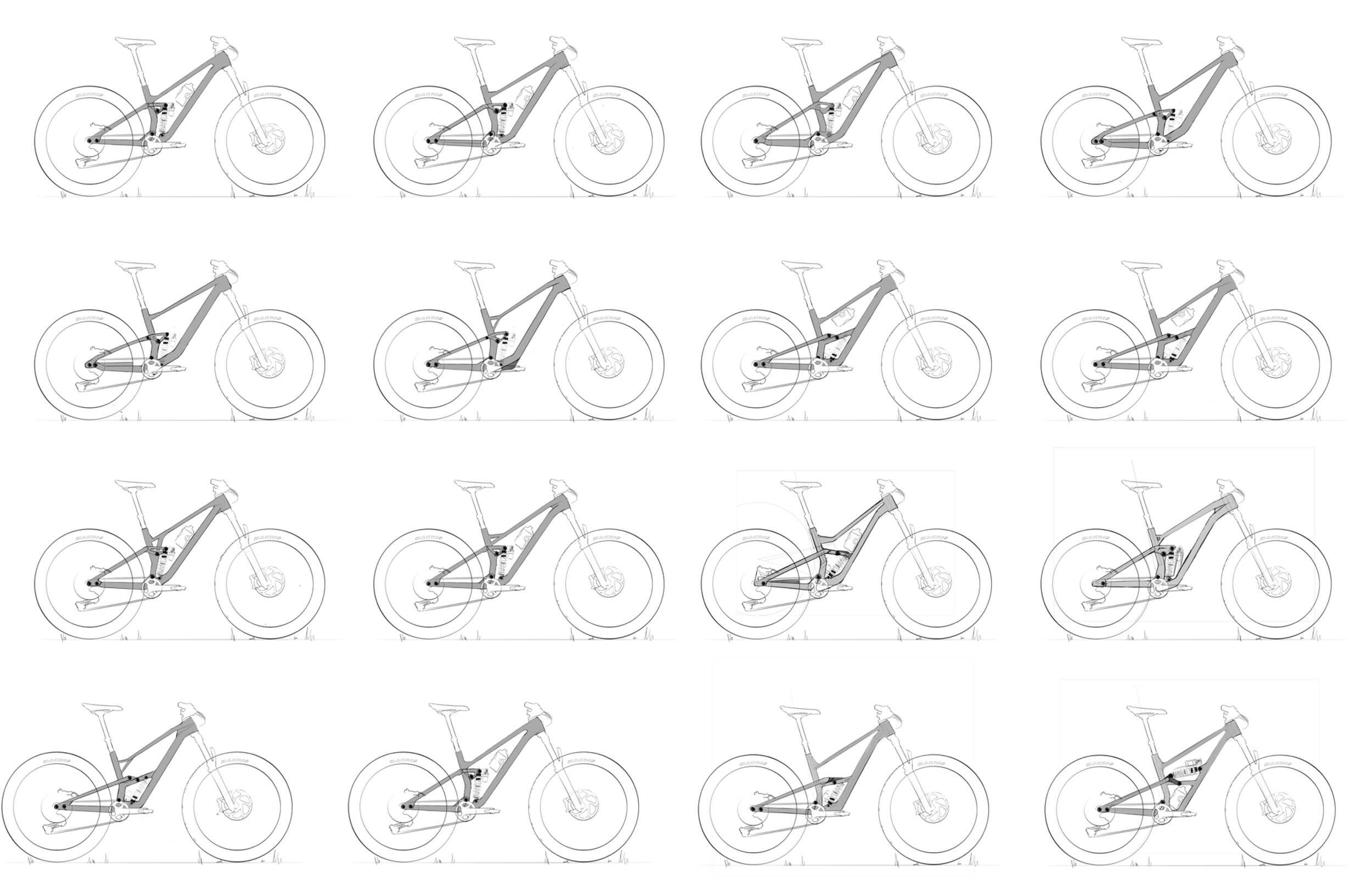 Diagram of a bicycle with multiple views and internal components highlighted.