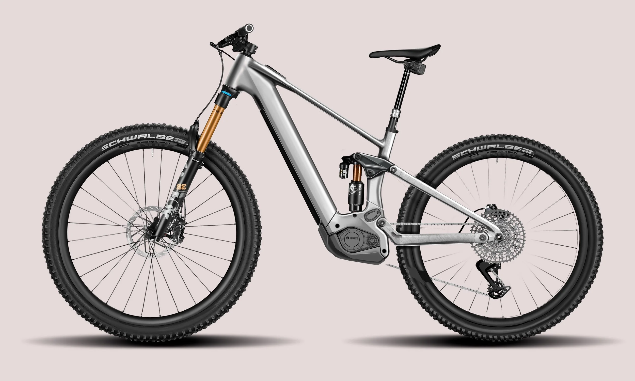 VTT électrique avec cadre en aluminium, suspension avant, pneus Schwalbe, selle rembourrée, moteur intégré dans le cadre, disques de frein aux roues, et dérailleur arrière.
