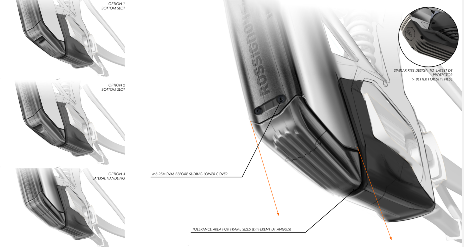 Schéma technique d'une pièce de vélo avec différentes options pour la conception du support, présentant des étiquettes et des annotations en anglais décrivant la compatibilité et la fixation de la pièce.
