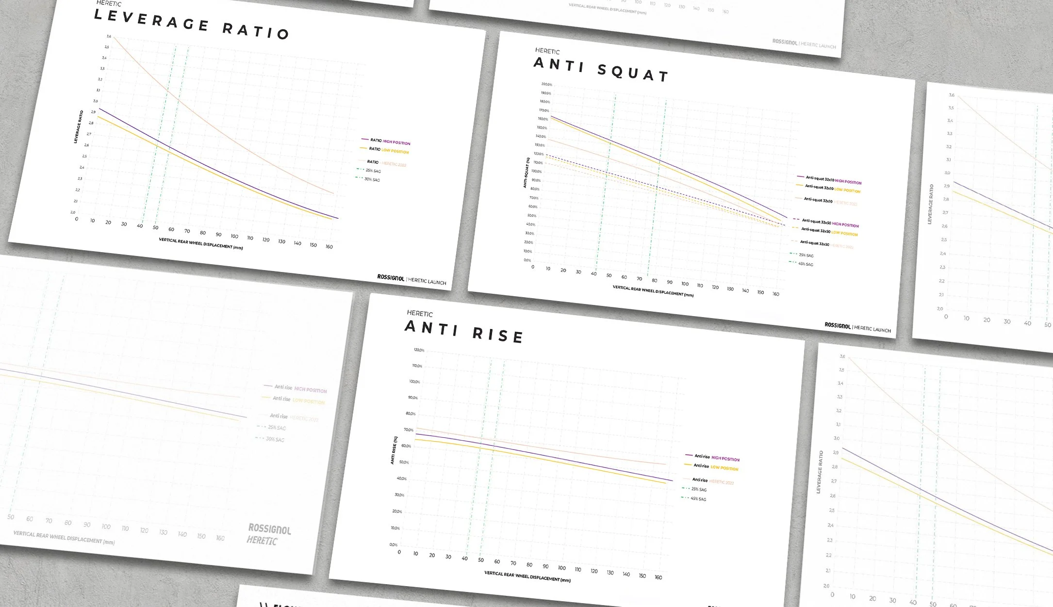This image shows multiple line graphs with white backgrounds, each labeled with titles related to bicycle suspension geometry. The graphs are titled 'LEVERAGE RATIO', 'ANTI SQUAT', 'ANTI RISE', and other terms, showing various data series in different colors representing different conditions or positions, with axes labeled for vertical rear wheel displacement in millimeters and corresponding ratios or percentages.