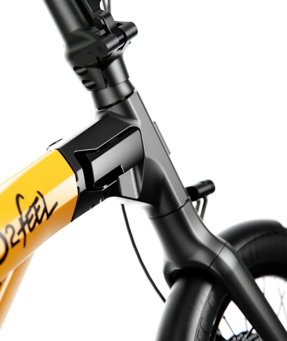 Vélo pliant O2FEEL Jim, détail manette de déverrouillage avant