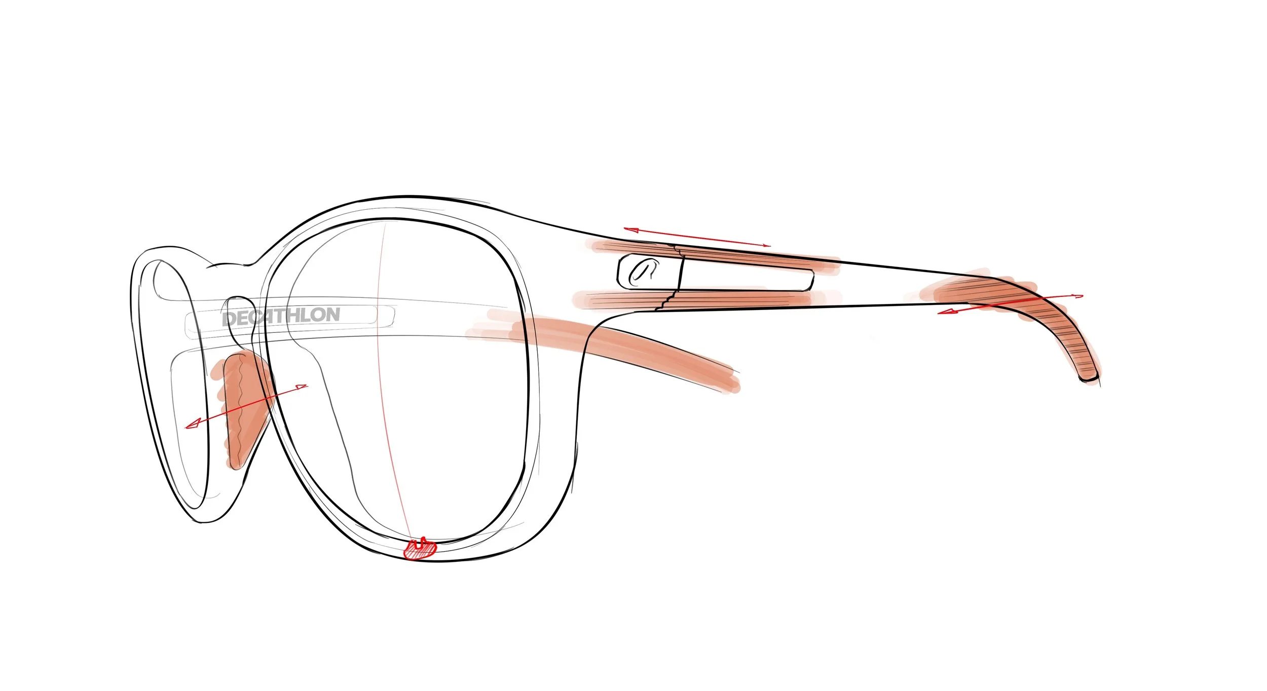 Une esquisse de lunettes de soleil avec zone de couleur orange indiquant des zones spécifiques.