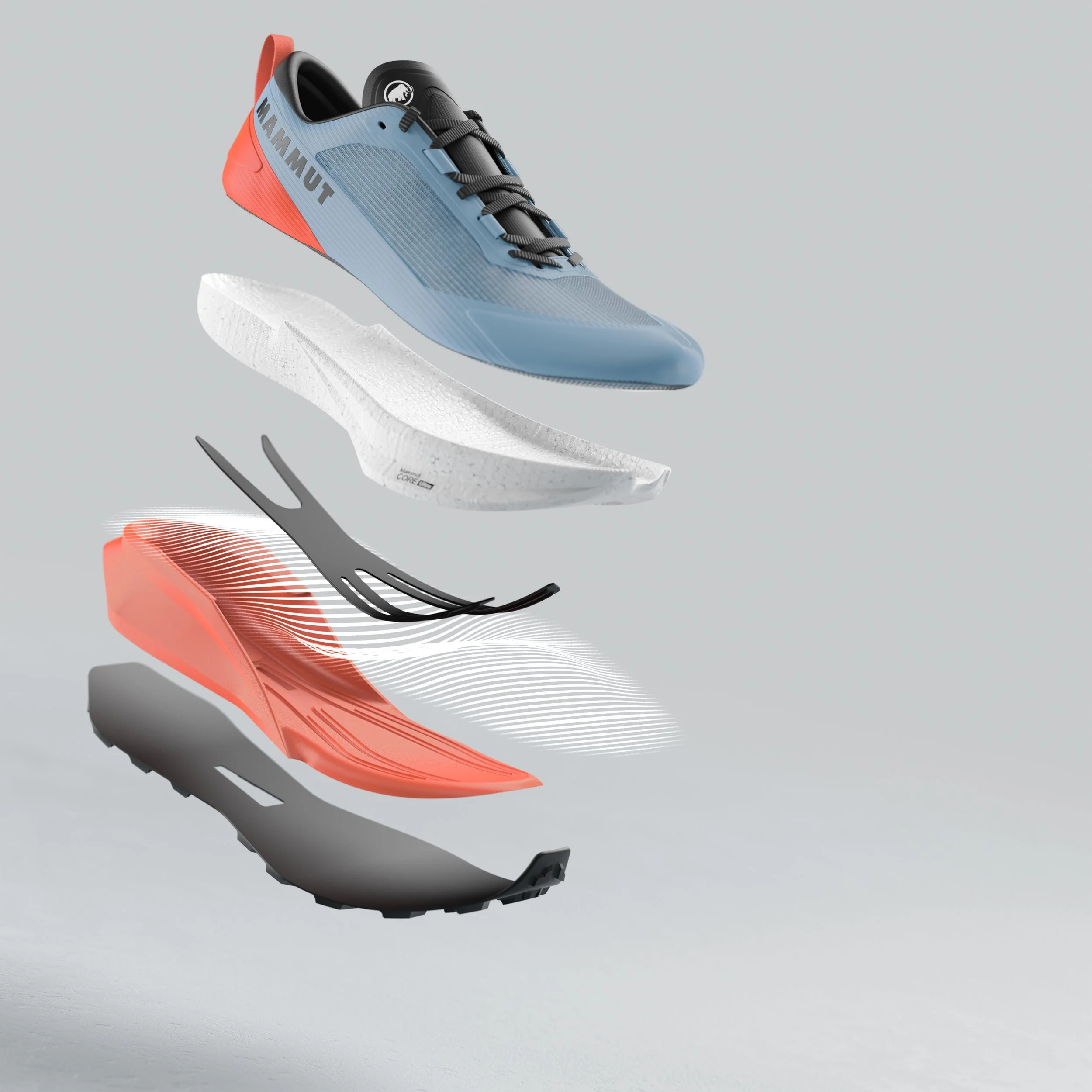 Chaussure de course bleue avec détails gris et noir, semelle noire, branding visible, flottant dans un espace gris avec ombre légère, accompagnée d'une semelle et d'une plaque en dessous.