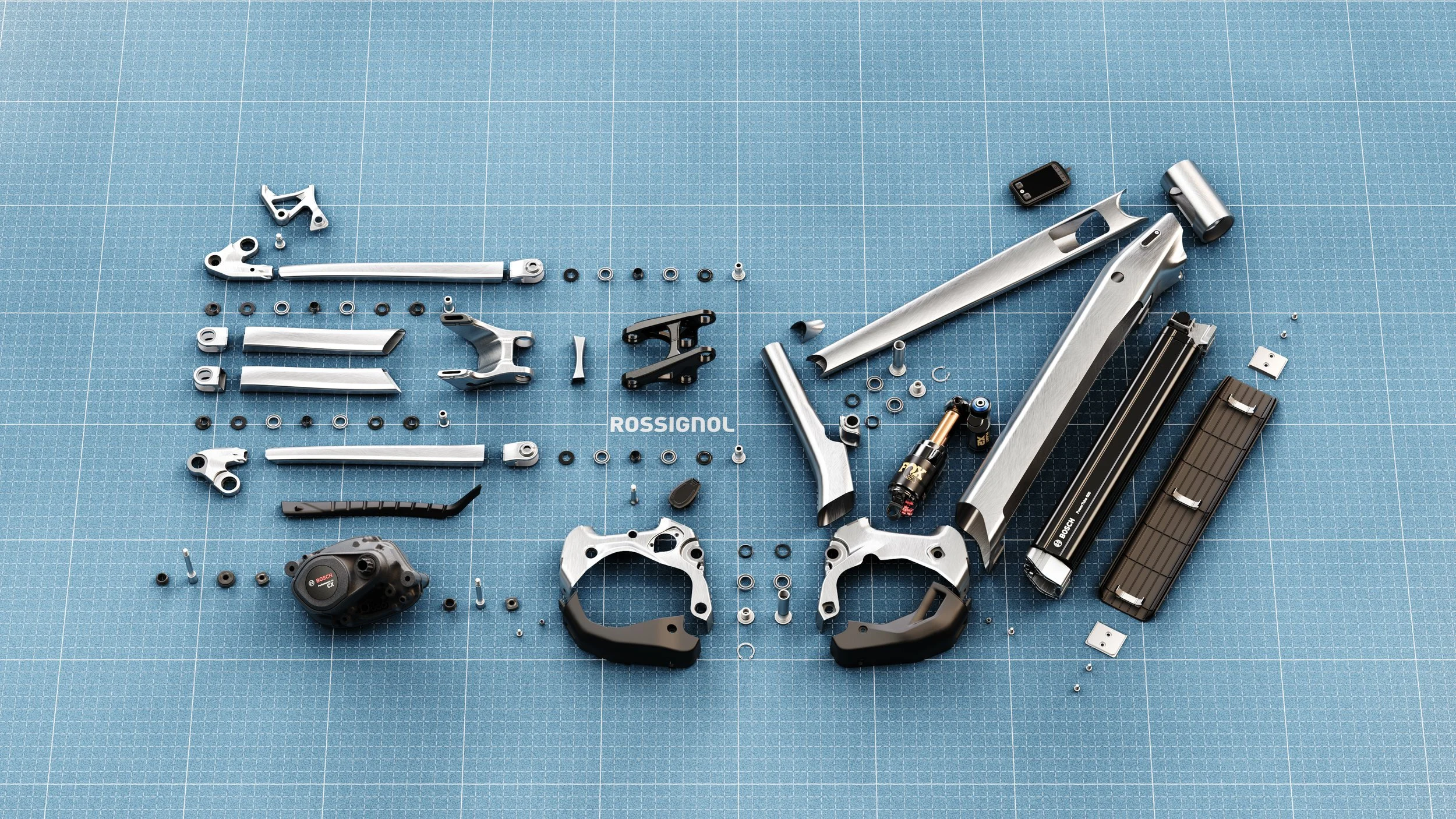 Désassemblage de composants de vélo en aluminium sur une surface de travail en grille bleue, incluant des pièces, des outils, et un moteur électrique.