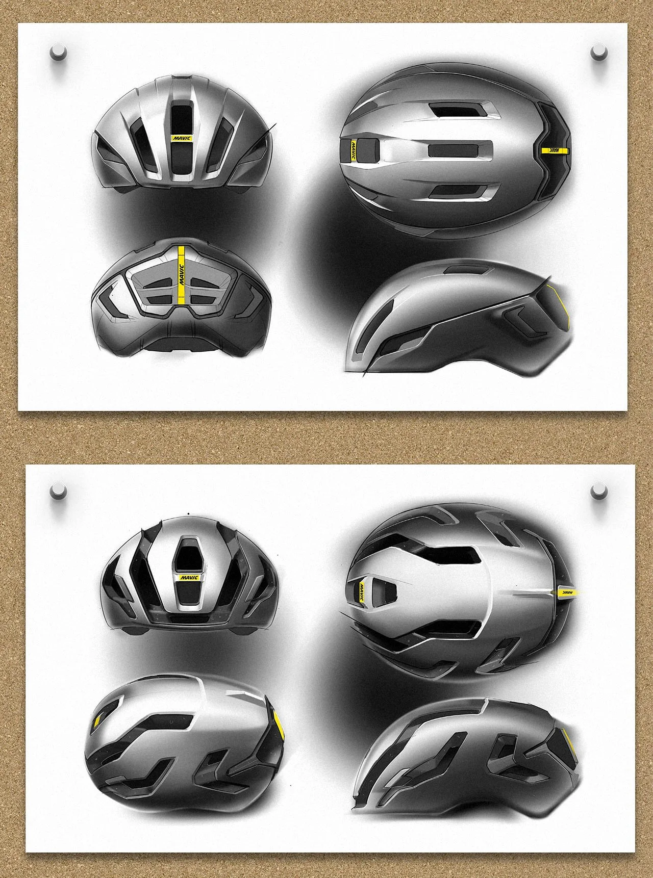 Planches de dessin digitaux avec vues géométrales de concepts sur le projet de design du casque de vélo de route Mavic Comete SL.