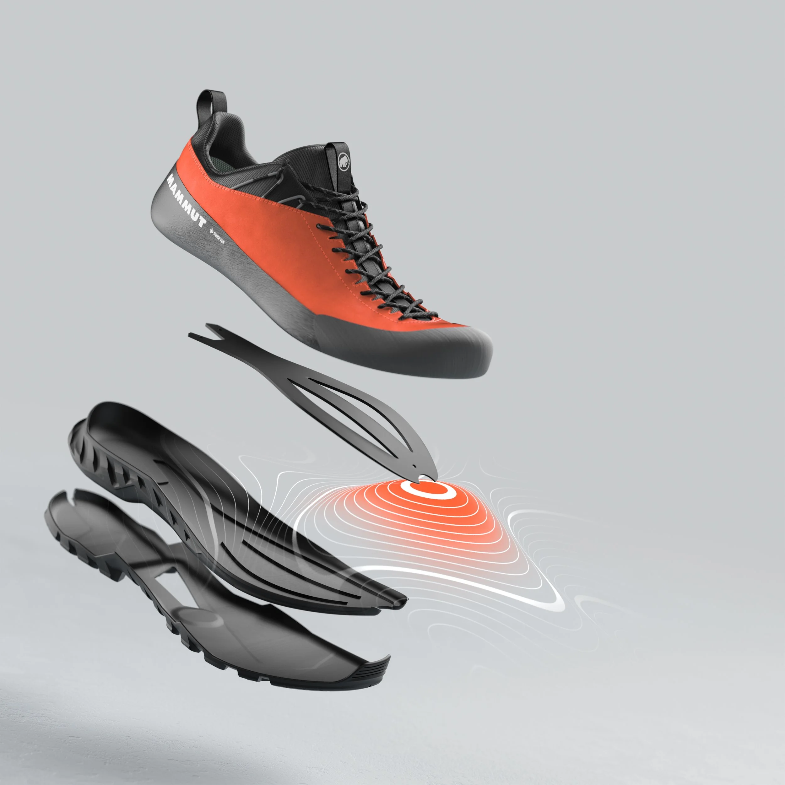 Chaussure d'escalade avec une semelle Vibram, plateforme en caoutchouc, dessus en cuir synthétique orange et noir, et système de laçage.
