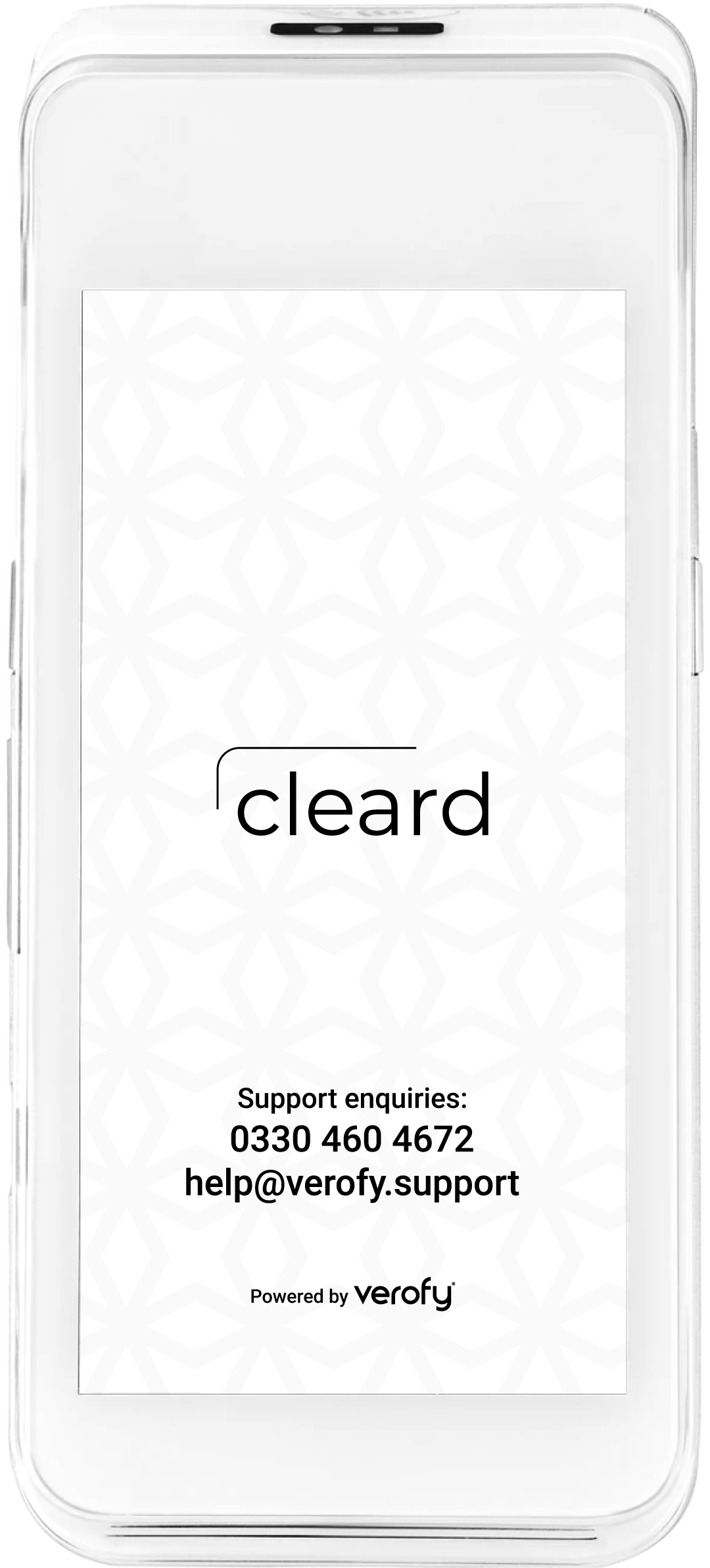 Smartphone displaying the Cleard app with support contact details and Verofy logo.