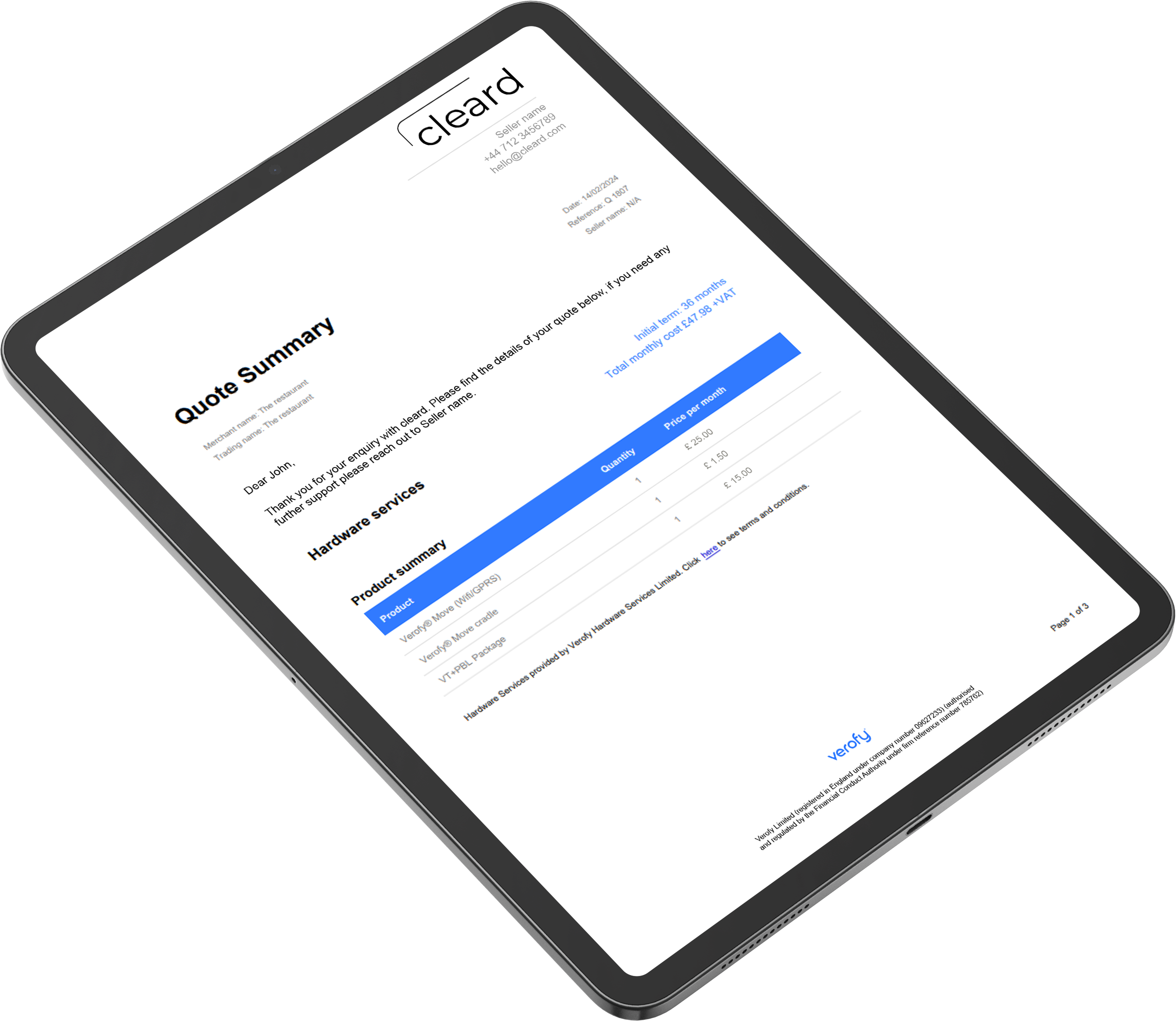 A digital tablet displaying a quote summary document from Veroy Hardware Services, with details on hardware services, product summary, quantities, and prices.