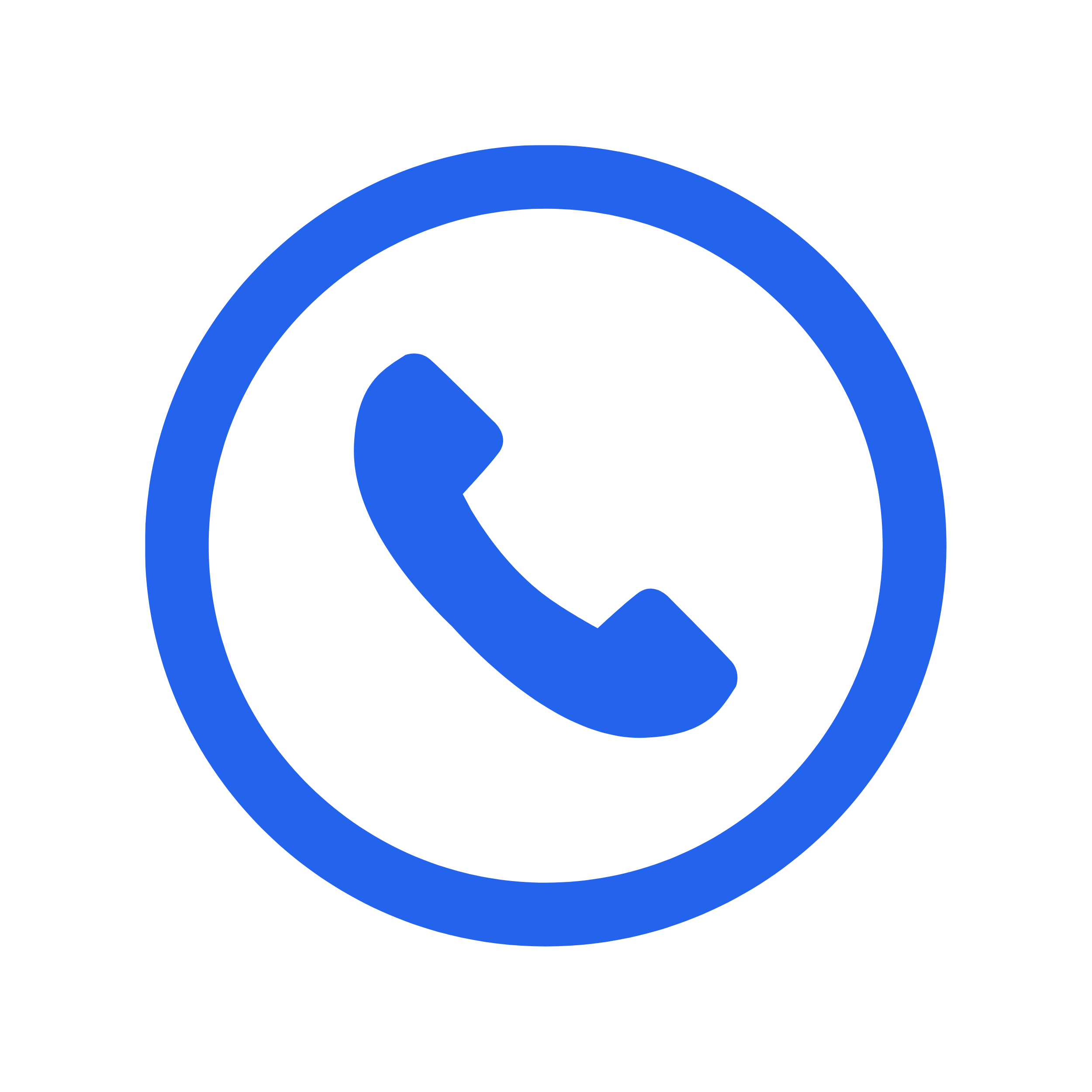 Blue telephone icon with a circular border on a black background.