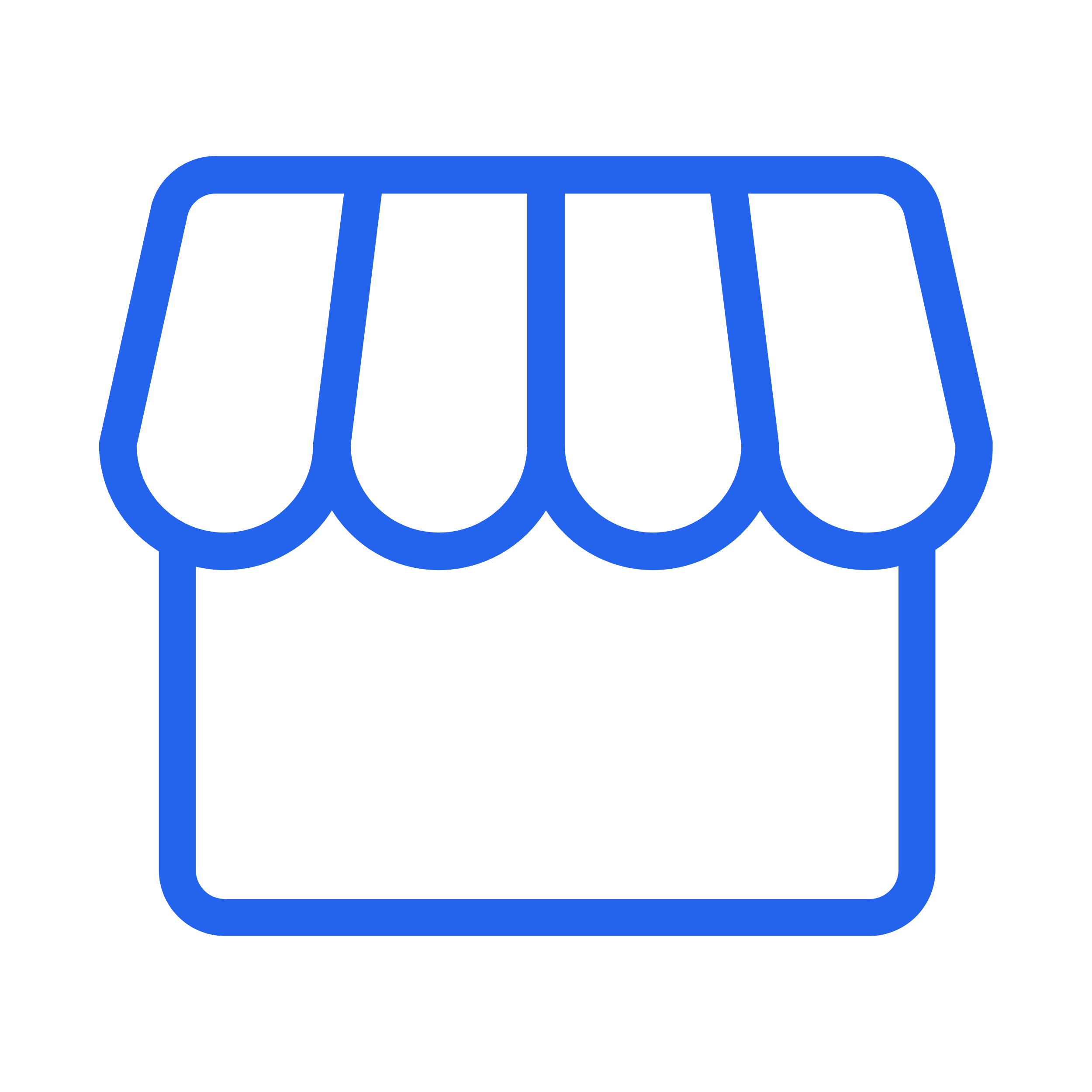 Blue outline of a storefront or shop with a striped awning.