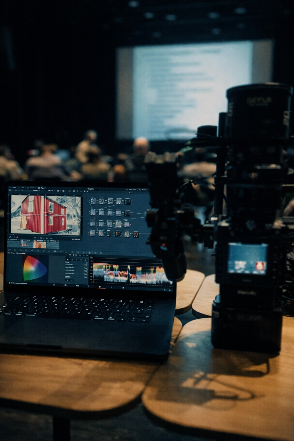 forgrunnen står en bærbar PC med DaVinci Resolve, der fargekorrigering og tidslinje er synlig. Ved siden av står et profesjonelt filmkamera på rigg. Scenen er innendørs med mennesker i bakgrunnen, som indikerer en workshop.
