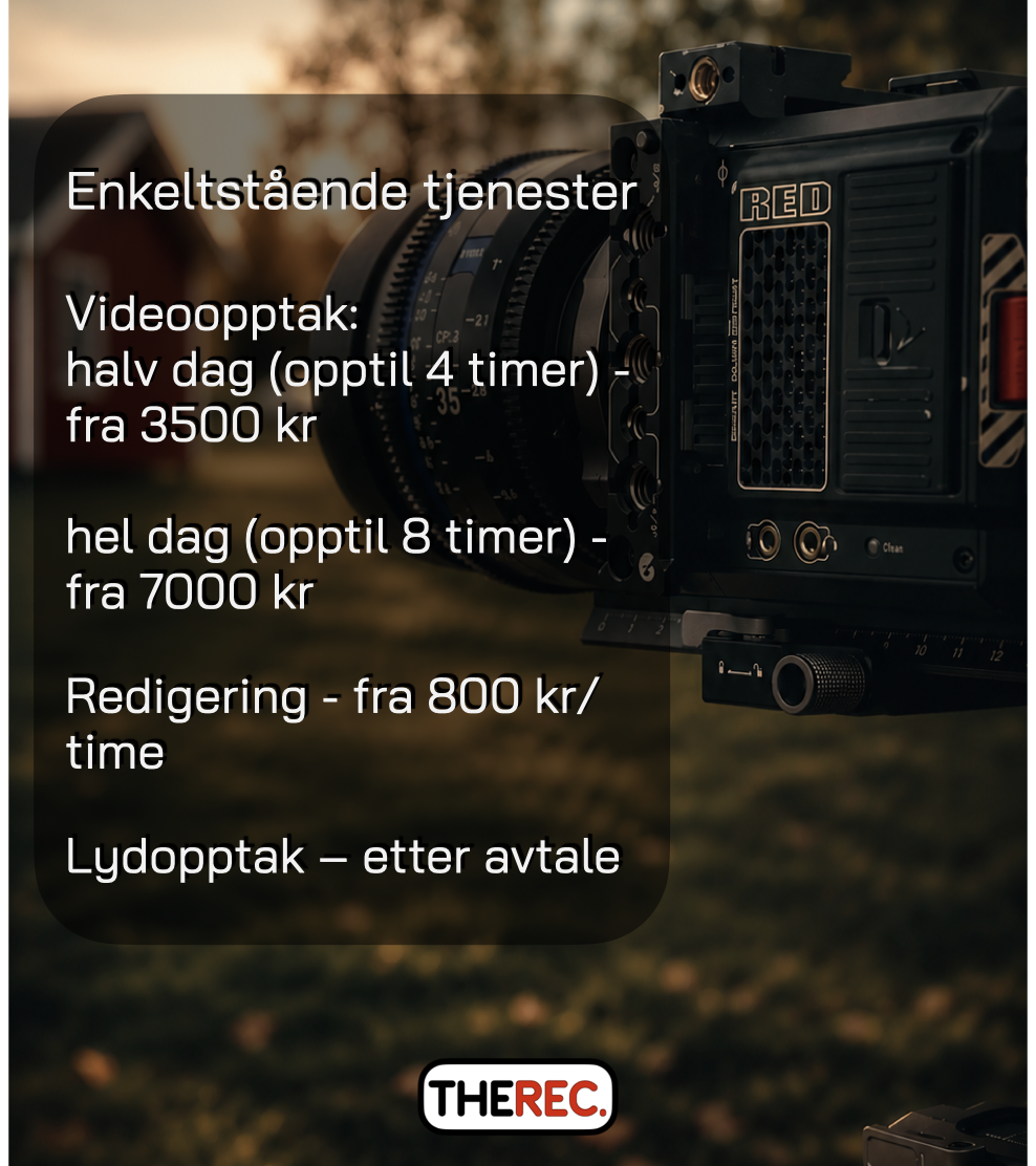 Nærbilde av RED-kamera med priser på enkeltstående videotjenester.