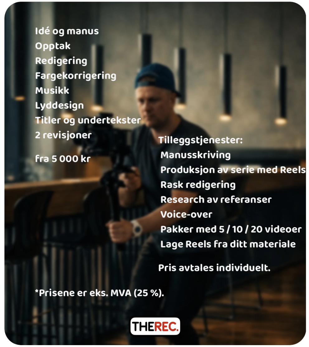 Reklameplakat for produksjon av Reels med oversikt over tjenester fra idé og opptak til redigering, fargekorrigering og lyd, samt tilleggstjenester.