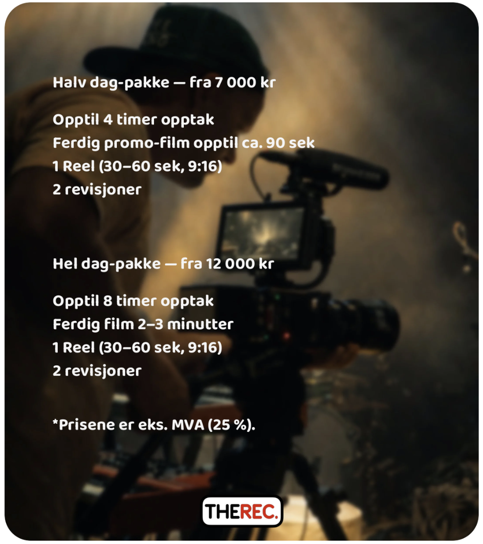Reklameplakat for videopakker med beskrivelse av tjenester for halv dag og hel dag, inkludert opptakstid, ferdig videoinnhold og antall revisjoner.
