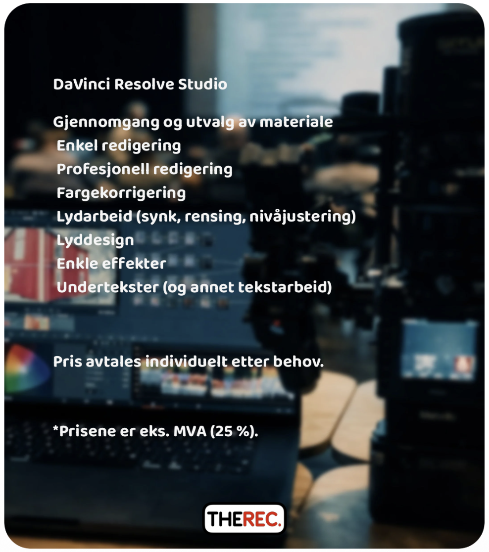 Reklameplakat for videoredigering med oversikt over tjenester som utvalg av materiale, klipping, fargekorrigering, lydarbeid og undertekster.