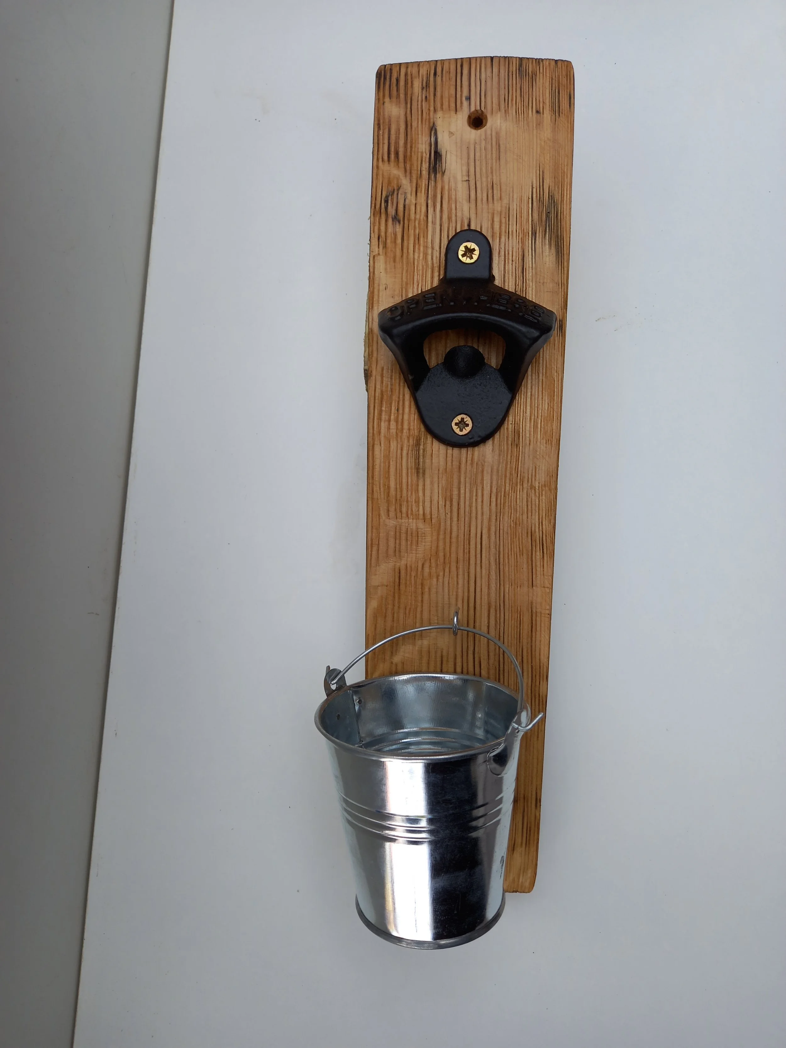 Reclaimed Oak Bottle Opener with Cap-Catching Bucket