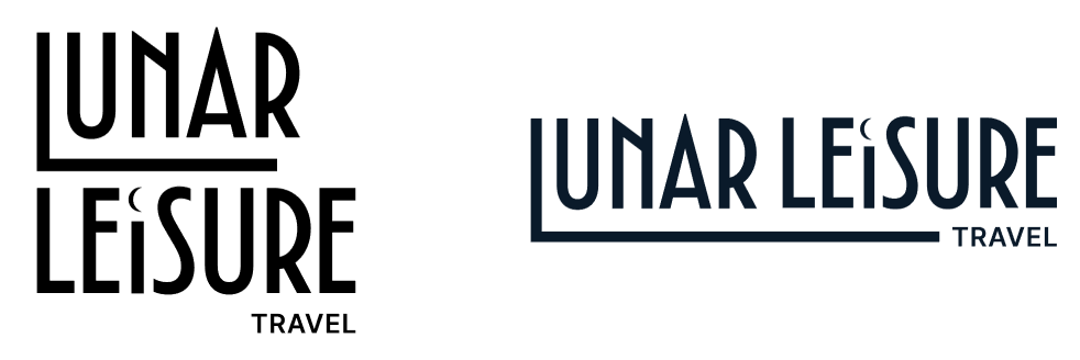 Deux logos de Lunar Leisure Travel, un en noir et blanc, l'autre en bleu, avec le texte 'Lunar Leisure Travel' et une ligne en dessous.