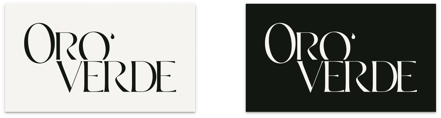 Deux images de logos avec le texte 'Oro Verde', premier sur fond blanc et noir, utilisant une typographie élégante et moderne.