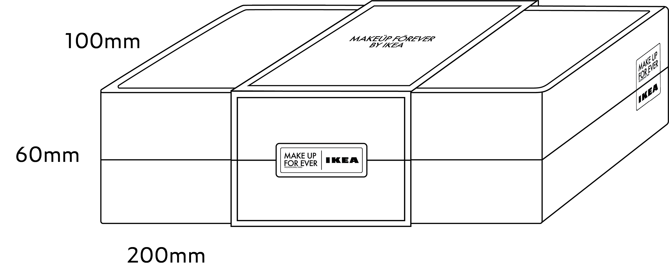 Schéma technique d'une boîte de maquillage IKEA, dimensions 200mm de long, 100mm de haut et 60mm de profondeur, avec marquage 'MAKE UP FOREVER by IKEA' sur le couvercle.