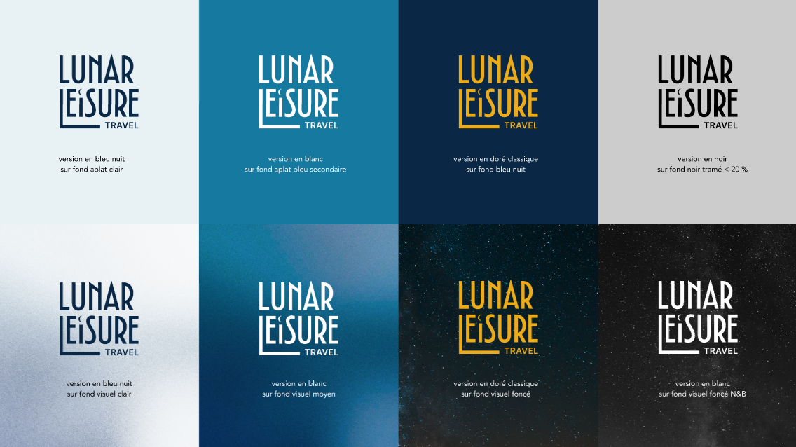 Comparaison de quatre variations de logo pour Lunar Leisure Travel, avec différentes couleurs et fonds : bleue nuit, blanc, dorée classique, et noir, chacune avec différentes descriptions en français.