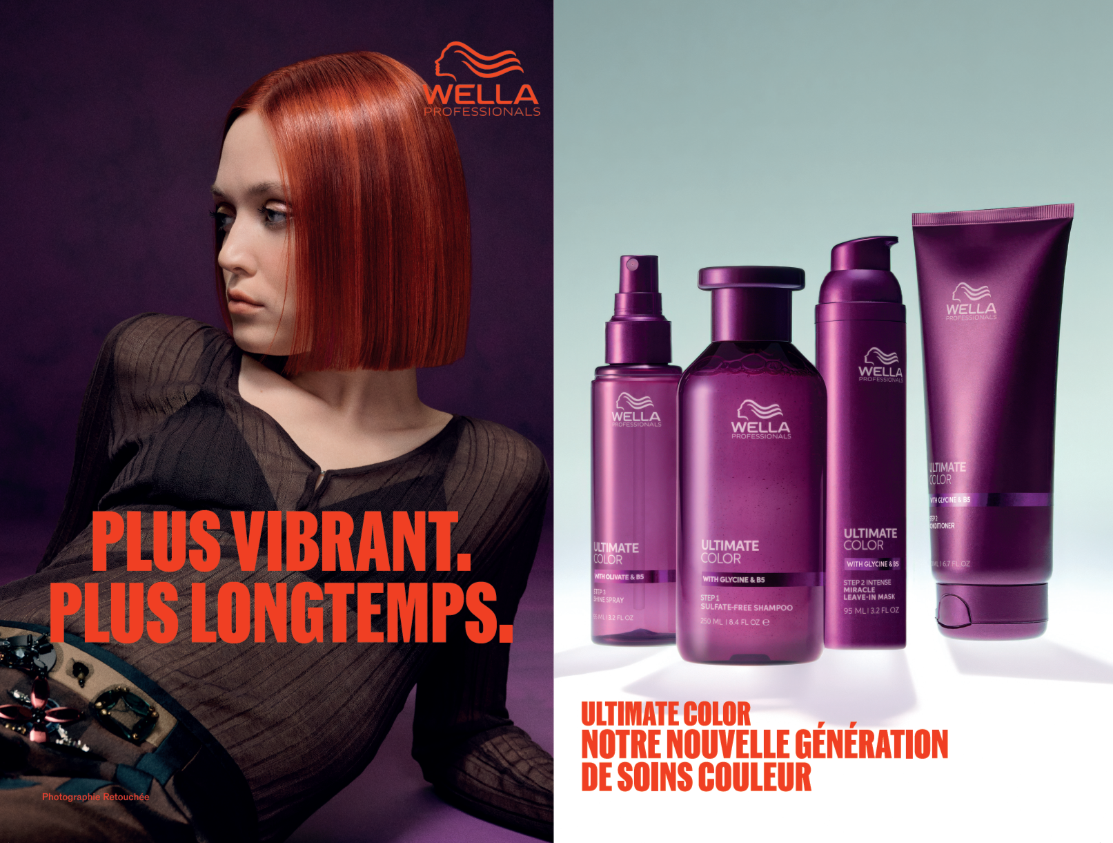 Une femme aux cheveux roux coupés en carré, portant une robe noire, avec la marque Wella Professional et un message en français sur la transformation capillaire. À droite, quatre bouteilles de produits capillaires de la gamme Wella Ultimate Color.