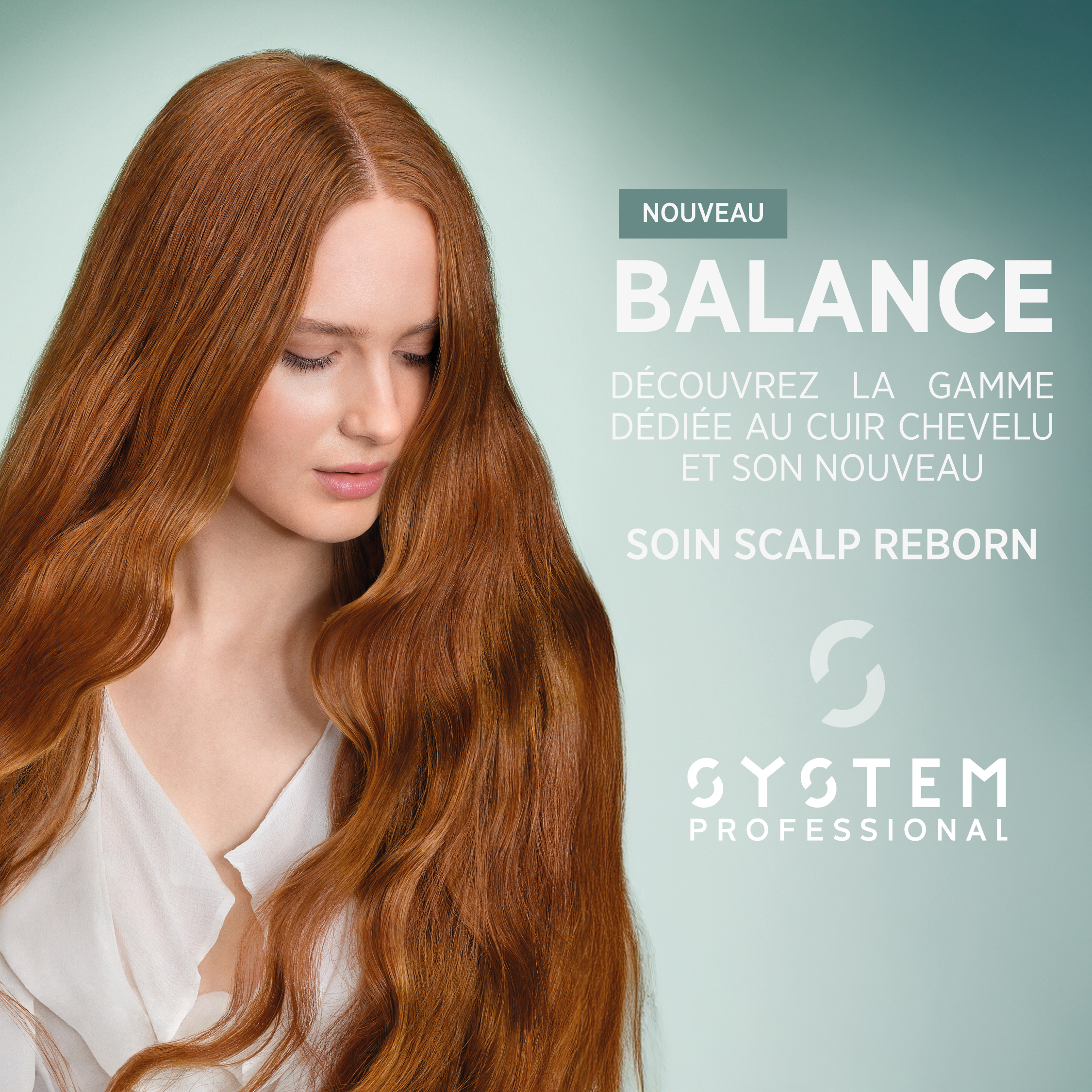 Une femme aux longs cheveux roux regarde vers le bas, avec un fond vert clair. Il s'agit d'une publicité pour un produit capillaire "Balance" de la gamme "System Professional".