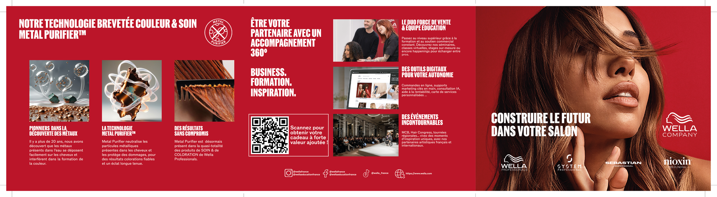 Un panneau publicitaire rouge avec du texte blanc et des images de produits de soins capillaires, une femme avec des cheveux bruns et longs, et des logos de marques de produits capillaires.