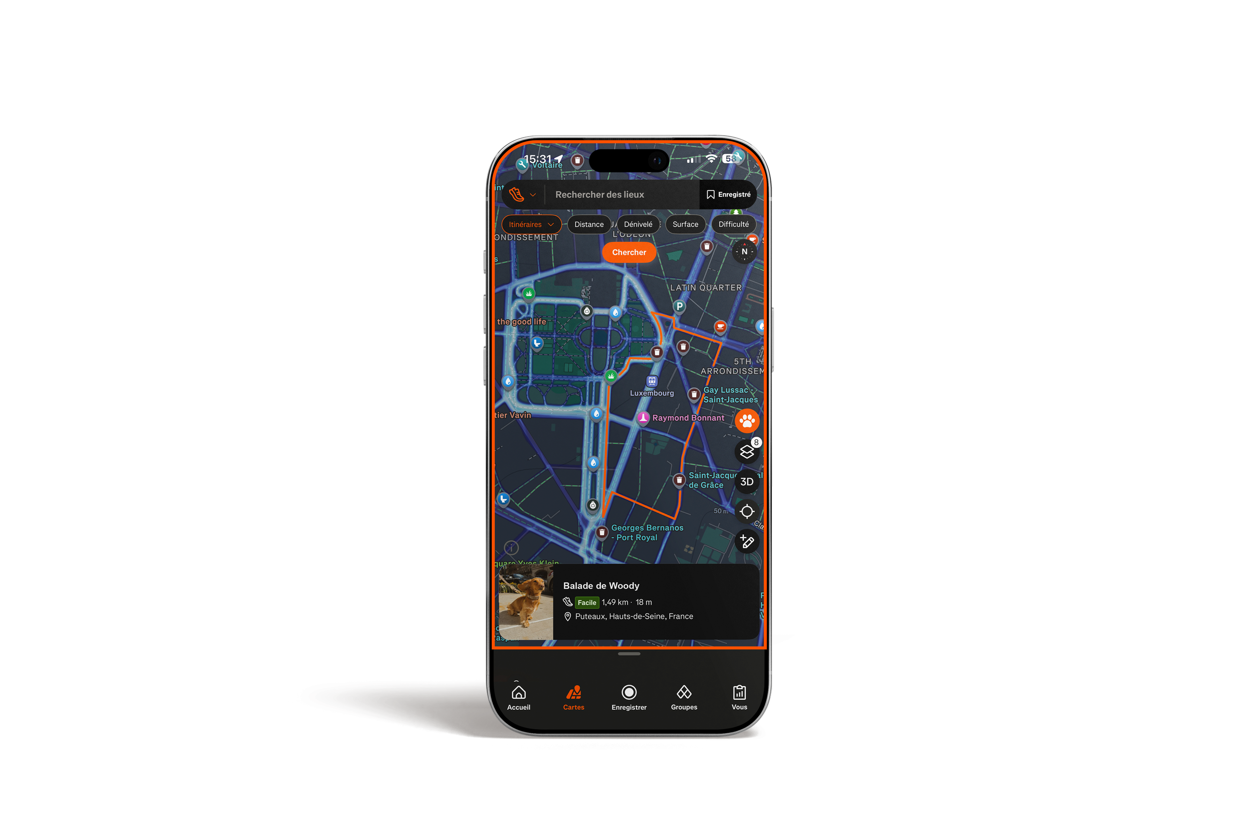 Capture d'écran d'une application de navigation sur un smartphone affichant une carte de Paris avec un itinéraire, et une fiche info en bas indiquant une promenade avec un chien appelée 'Balade de Woody' à Puteaux, Hauts-de-Seine, France.