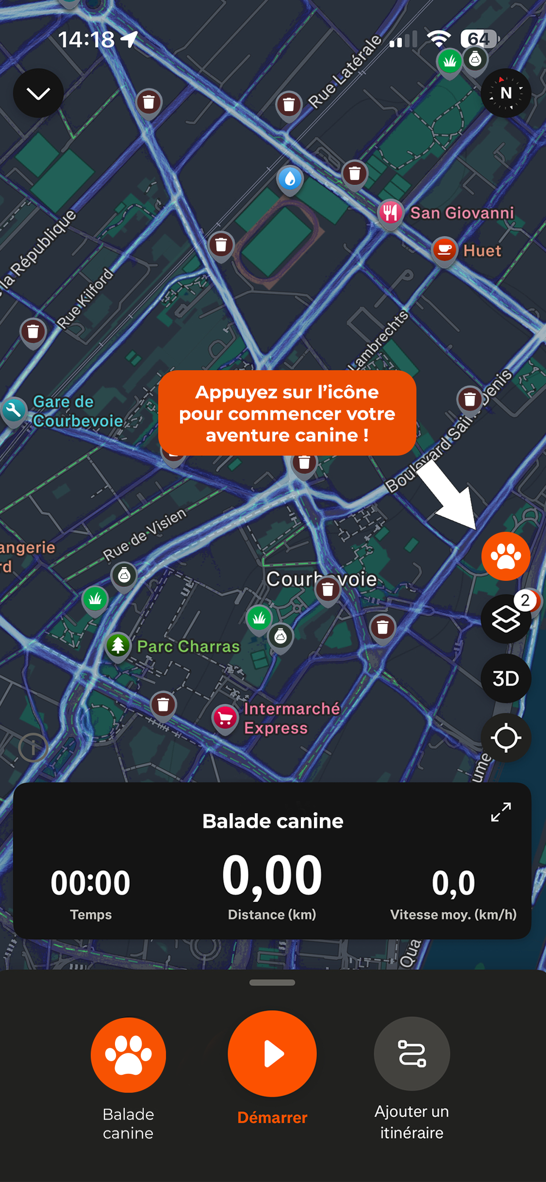 Capture d'écran d'une application de promenade canine sur une carte de la ville, avec un bouton d'option pour commencer la promenade, un bouton pour ajouter un itinéraire, et une invitation à appuyer sur l'icône du chien pour commencer l'activité.