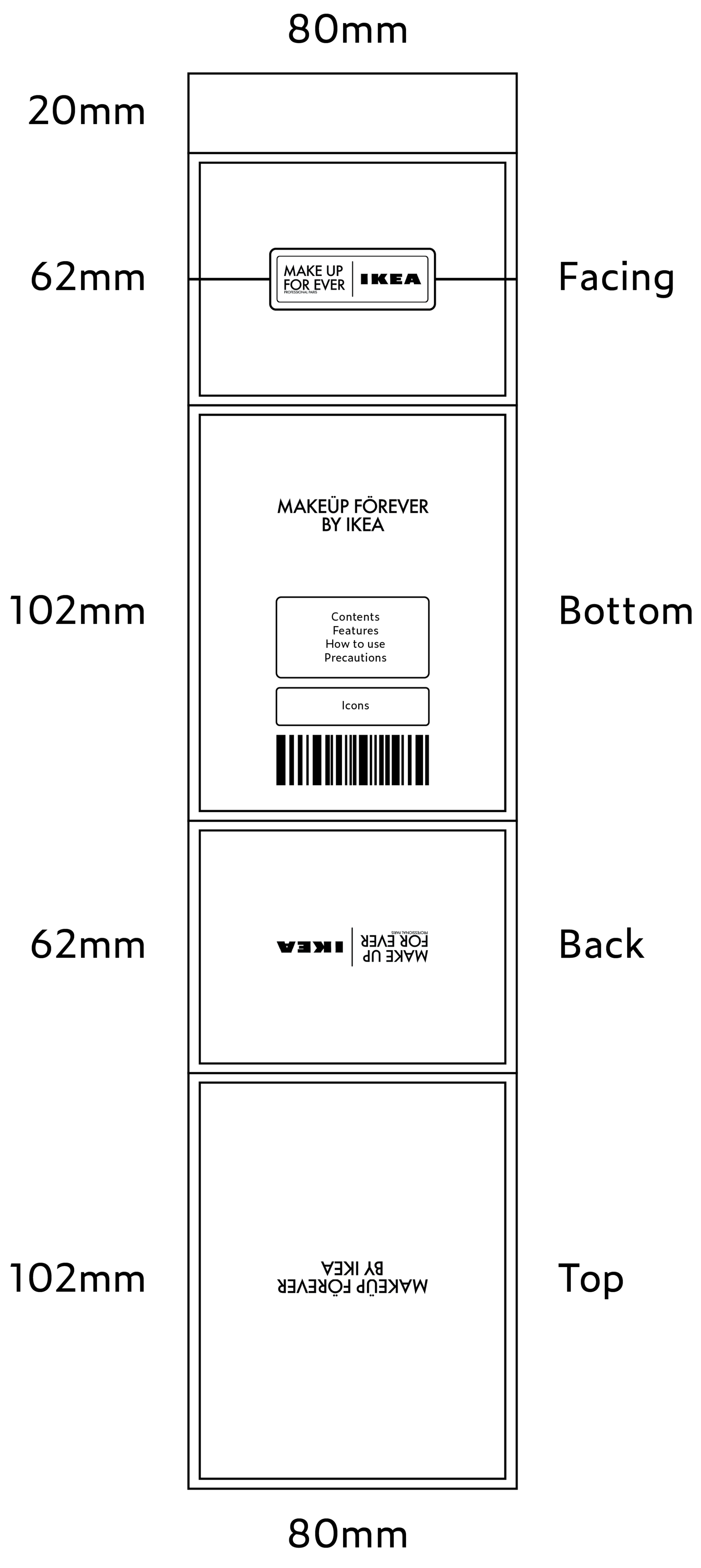 Marieau pour un produit de maquillage, avec texte en anglais et logo IKEA, affiché en plusieurs étapes de pliage.