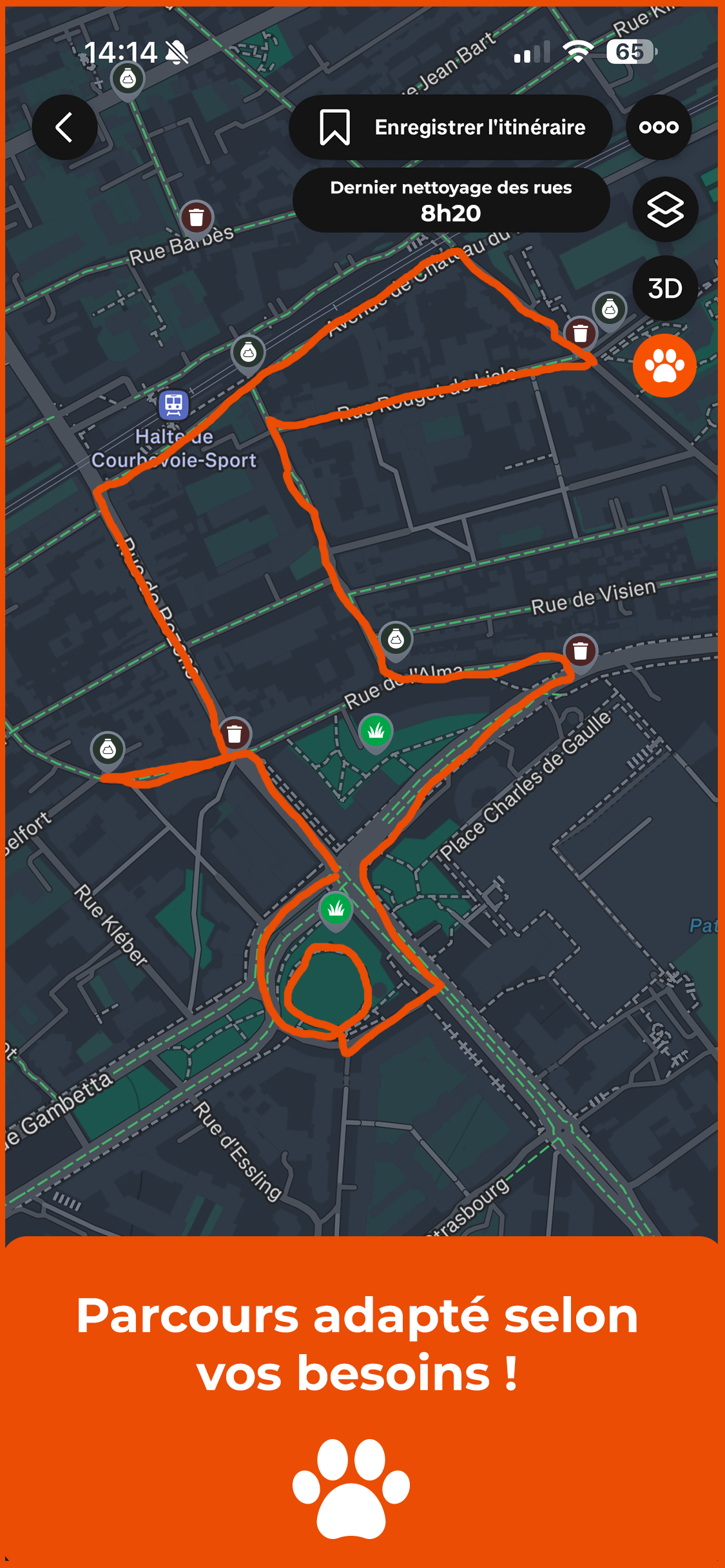 Carte de navigation avec un tracé en orange montrant un parcours, incluant des icônes de poubelle, de point d'intérêt, d'arrêt de bus et de parc, avec un message en français "Parcours adapté selon vos besoins !" et une icône de patte de chien.