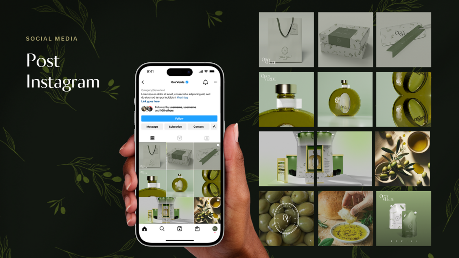 Affiche de marketing pour une boutique en ligne de produits de beauté et d'huile d'olive, comprenant un téléphone affichant un profil Instagram et une grille d'images de produits variés comme des bouteilles d'huile, des emballages, des olives, et des plats avec de l'huile d'olive.