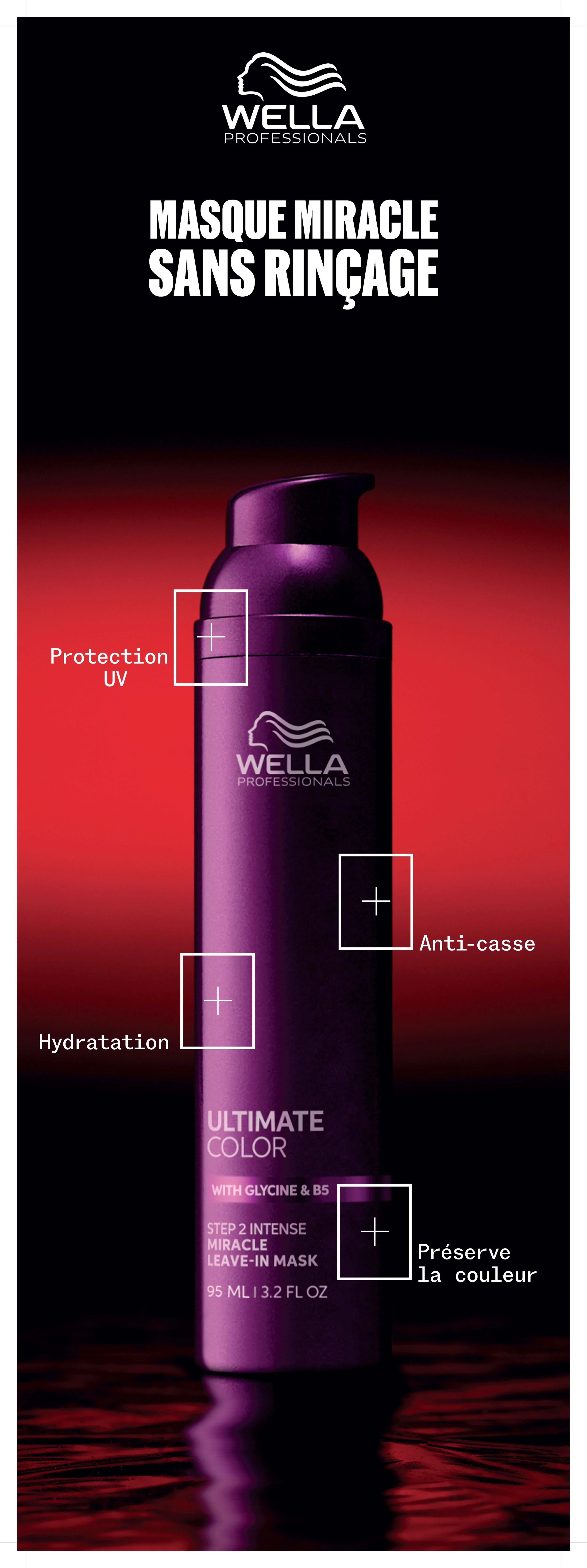 Une bouteille de spray colorée de la marque Wella Professionals, promue comme un masque miracle sans rinçage, avec des indications sur la protection UV, l'hydratation, la préservation de la couleur et la lutte contre la casse.
