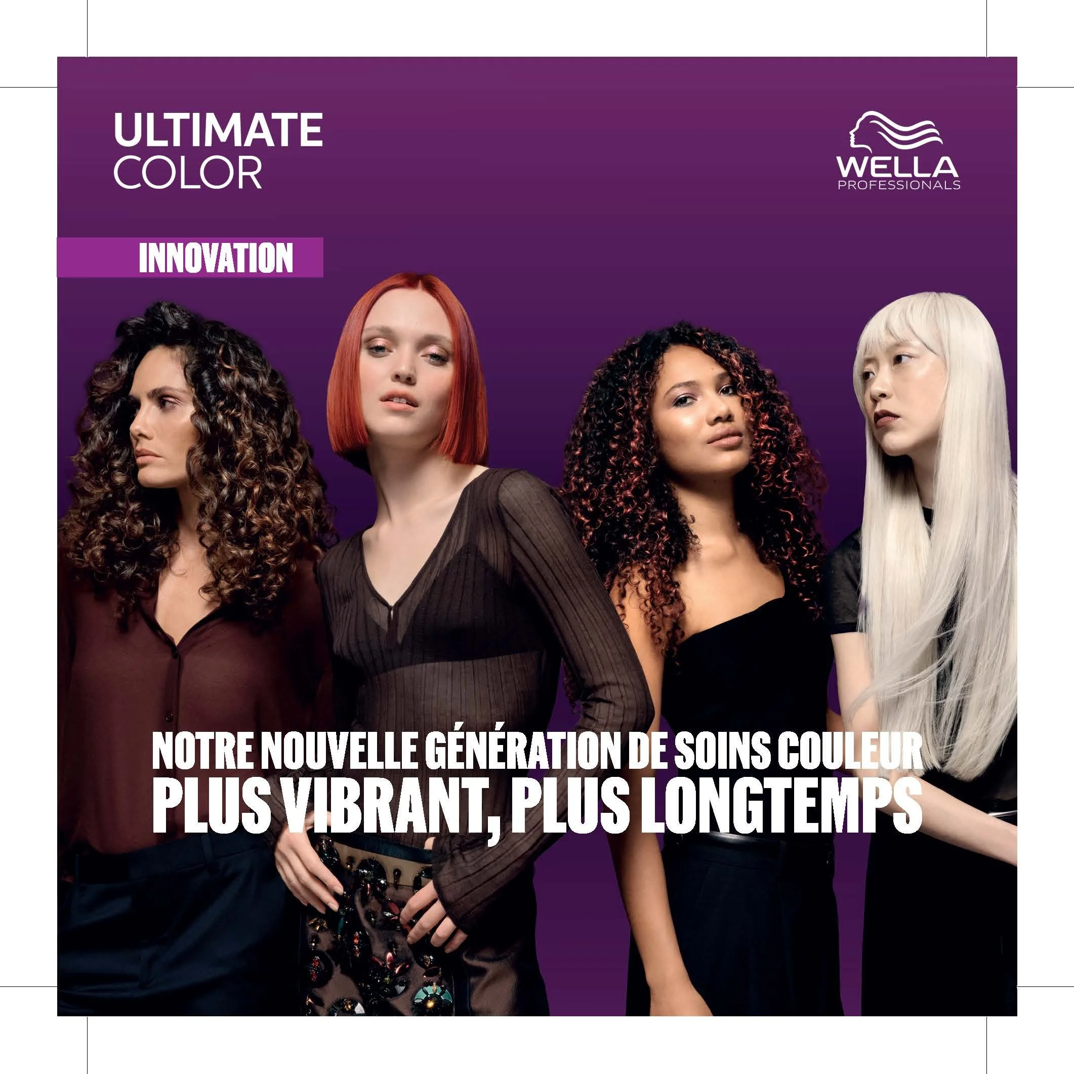 Gamme de quatre femmes avec différentes coiffures représentée sur une publicité de produits de coloration capillaire de la marque Wella, avec un fond violet et du texte en français.