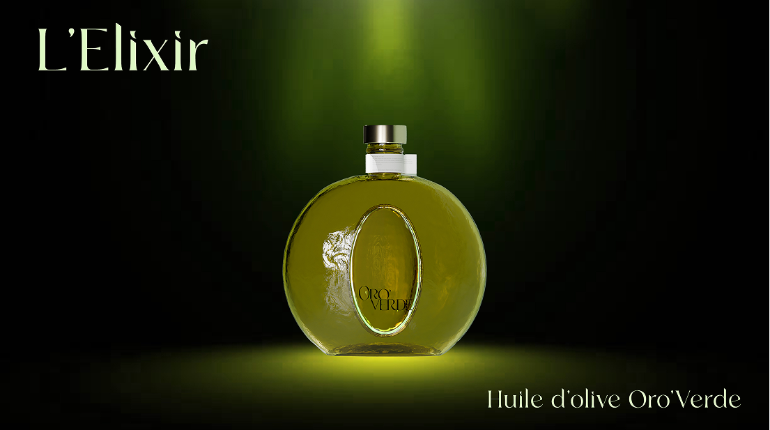 Bouteille d'huile d'olive Oro'Verde sur un fond sombre avec un halo vert, accompanied by the text "L'Elixir" en haut à gauche et "Huile d'olive Oro'Verde" en bas à droite.