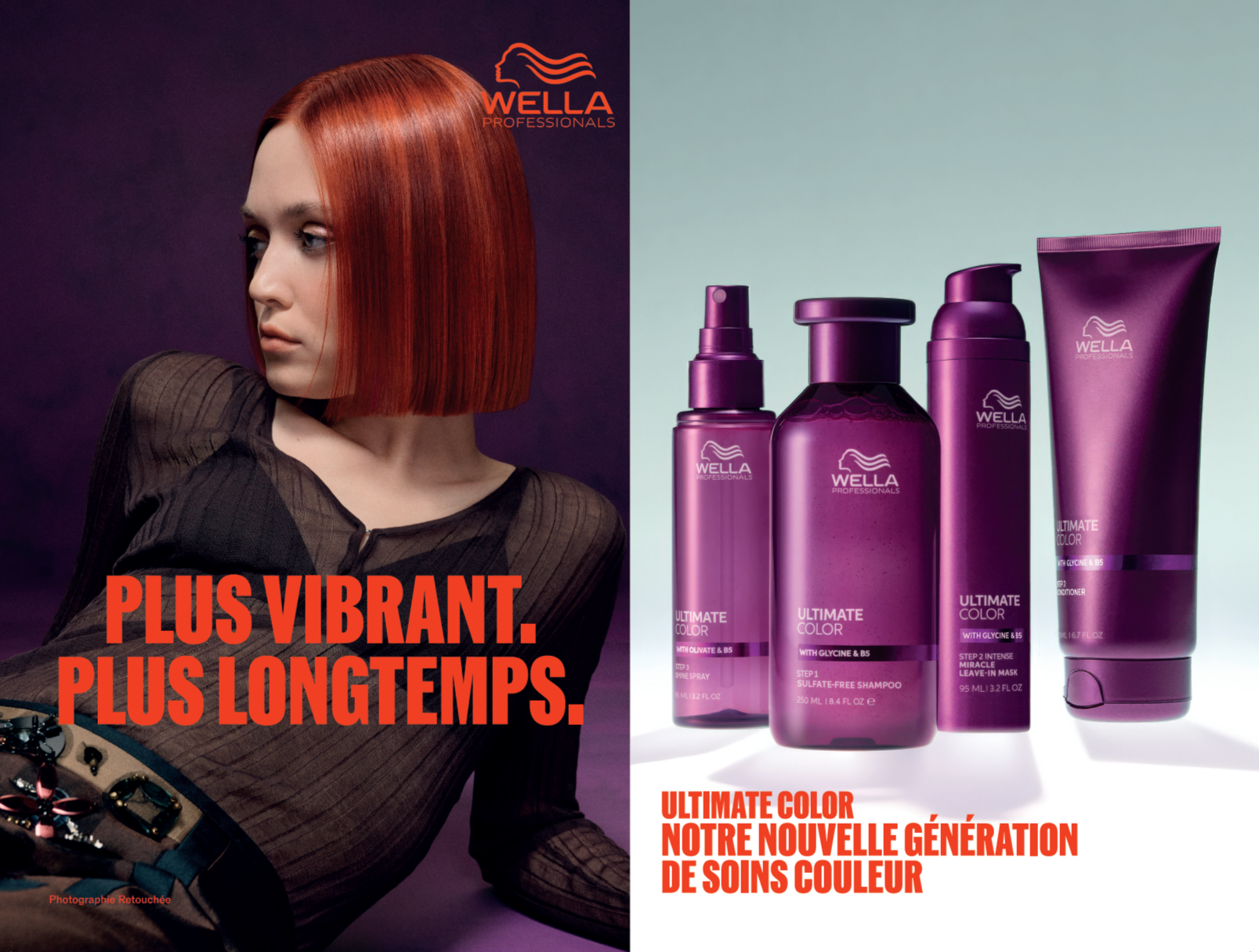 Une femme avec des cheveux rouges, vue de profil, portant un haut noir en tissu transparent. À côté, quatre produits capillaires violet, affichant la marque Wella Professionals, avec le texte "Ultimate Color" et la mention "Notre nouvelle génération de soins couleur" en français.