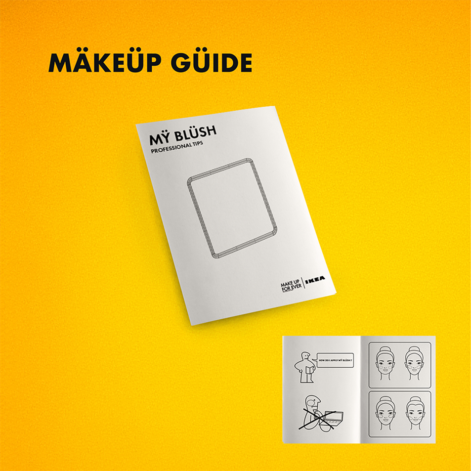 Guide de maquillage en format brochure avec la couverture blanche et le titre en noir, posée sur un fond jaune vif, avec des illustrations en noir et blanc à l'intérieur montrant des étapes pour appliquer du maquillage.