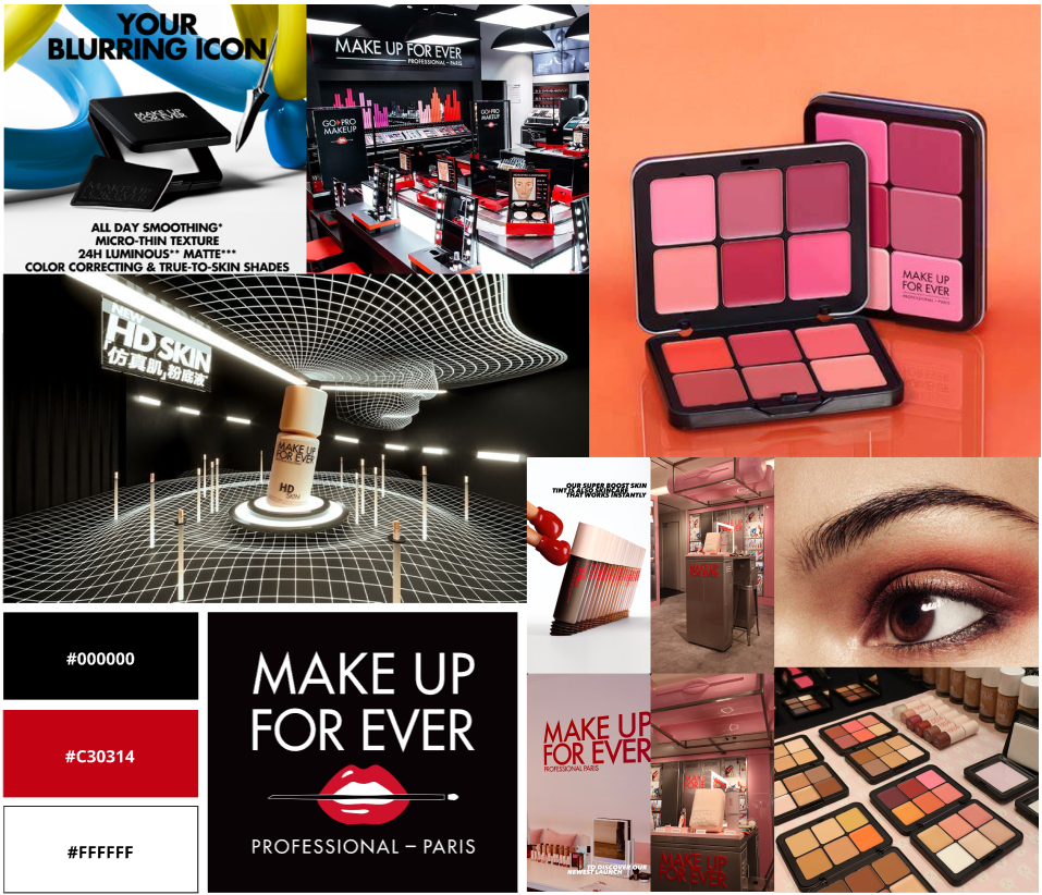 Différents produits et stands de maquillage de la marque Make Up For Ever, incluant palettes de blush, fond de teint HD, et stands en magasin avec des affiches publicitaires.