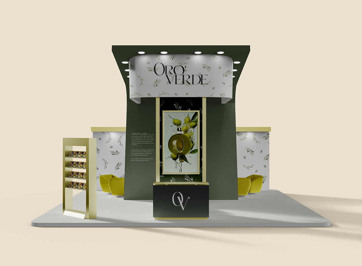 Stand d'exposition pour l'huile d'olive 'Oro Verde' avec une décoration verte et blanche, comprenant une affiche centrale d'huile d'olive, une armoire à échantillons à gauche et deux fauteuils jaunes à l'arrière.