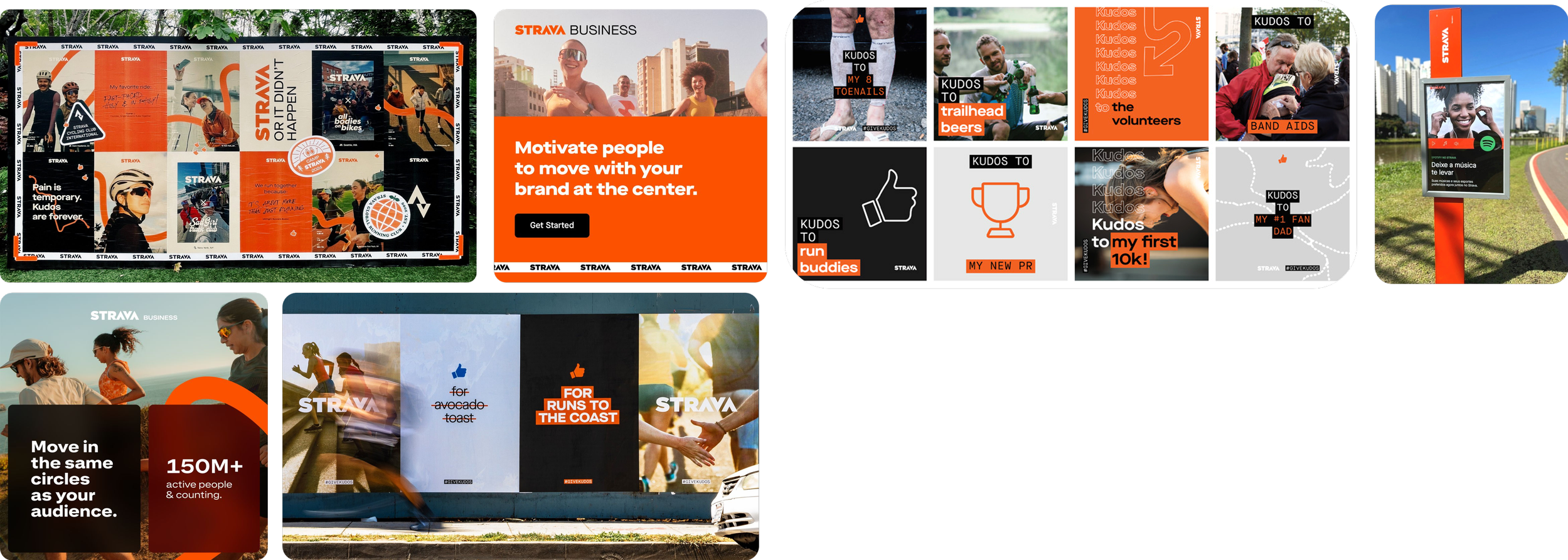 Montage de plusieurs affiches et panneaux de promotion de la plateforme Strava, mettant en avant la motivation pour la course, le vélo et la marche, avec des images de personnes en activité et des messages motivants.