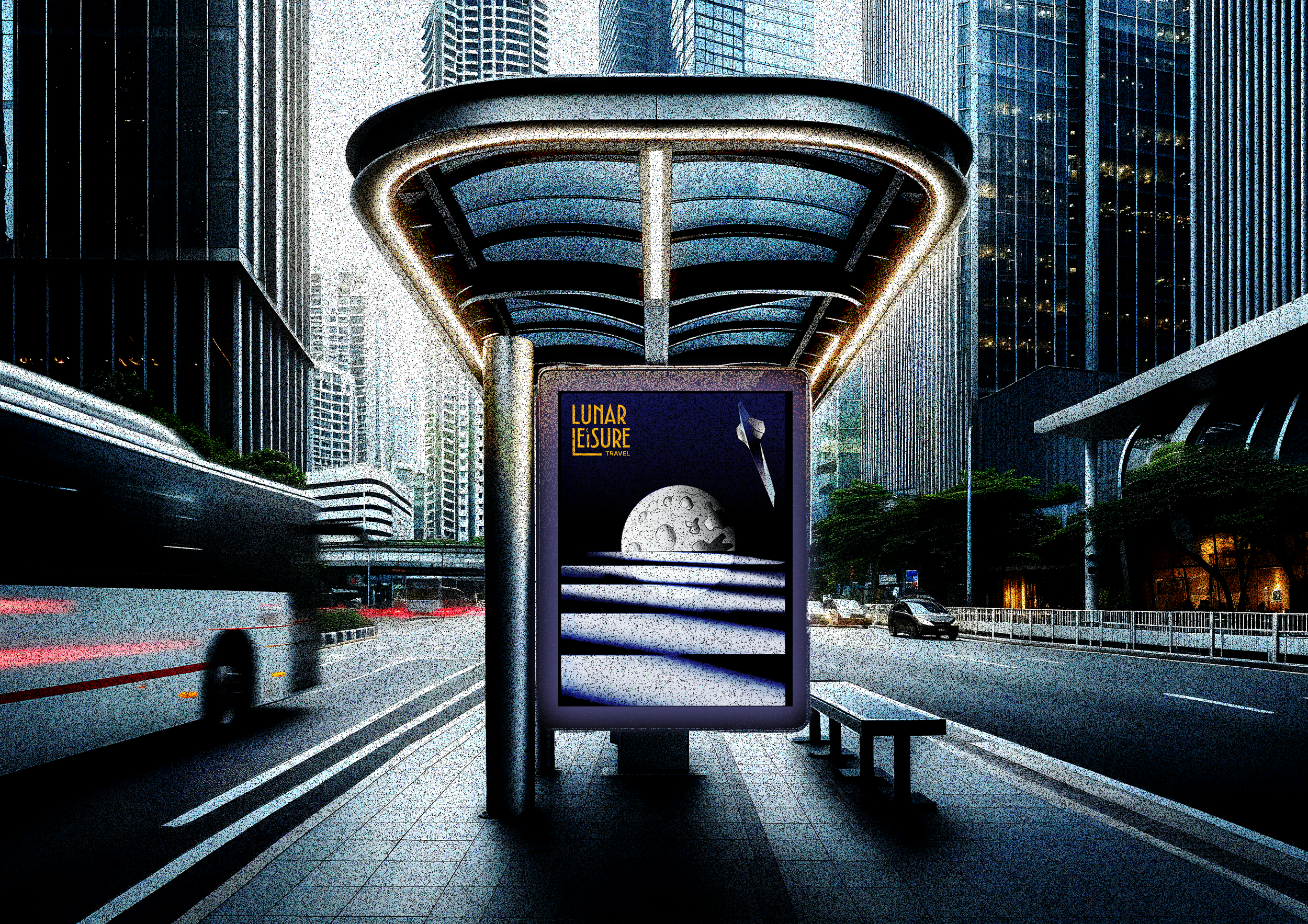 Affiche publicitaire en ville avec une image de la lune et un vaisseau spatial, texte «Lunar Leisure».