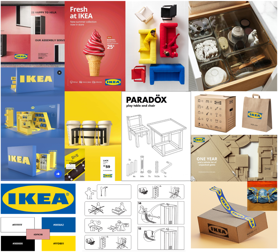 Collection de produits et meubles IKEA, y compris des étagères, des meubles colorés, des cartons d'emballage, et des accessoires de rangement.