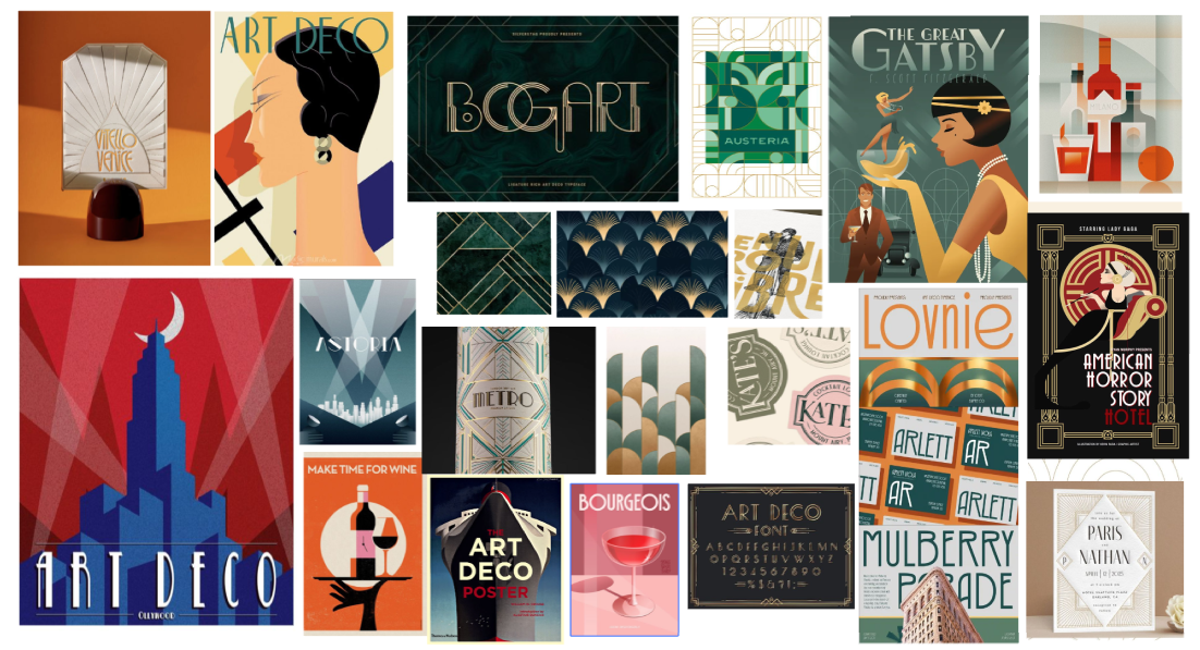 Une collection d'affiches et de designs artistiques de style Art Deco, représentant des bâtiments, des motifs géométriques, des typographies modernes et des illustrations d'époque, avec des thèmes pour la décoration, la mode, et la culture.