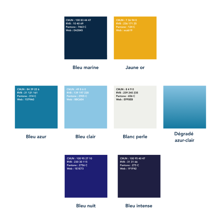 Palette de couleurs avec huit teintes de bleu, jaune or, blanc perle et dégradé azur-clair, accompagnées de codes couleur et références.