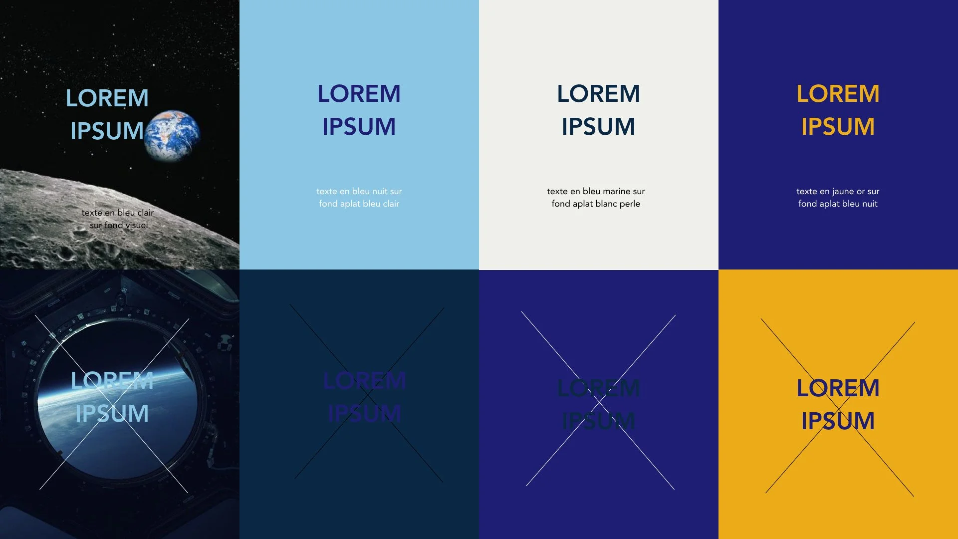 Image composée de huit sections, avec des thèmes liés à l'espace, la Terre vue de l'espace, et des fonds colorés en bleu clair, blanc, bleu marine et jaune, incluant du texte en français et des images d'astronomie et d'un vaisseau spatial.