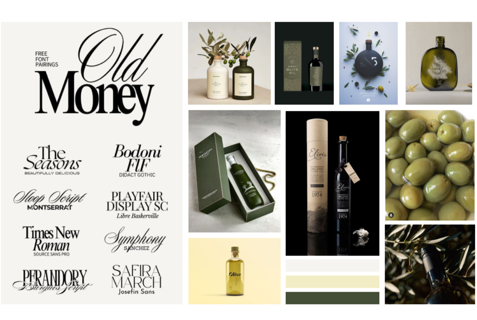 Collage d'images de produits et de textes liés à des aliments, huiles d'olive, bouteilles, olives, et typographies variées.