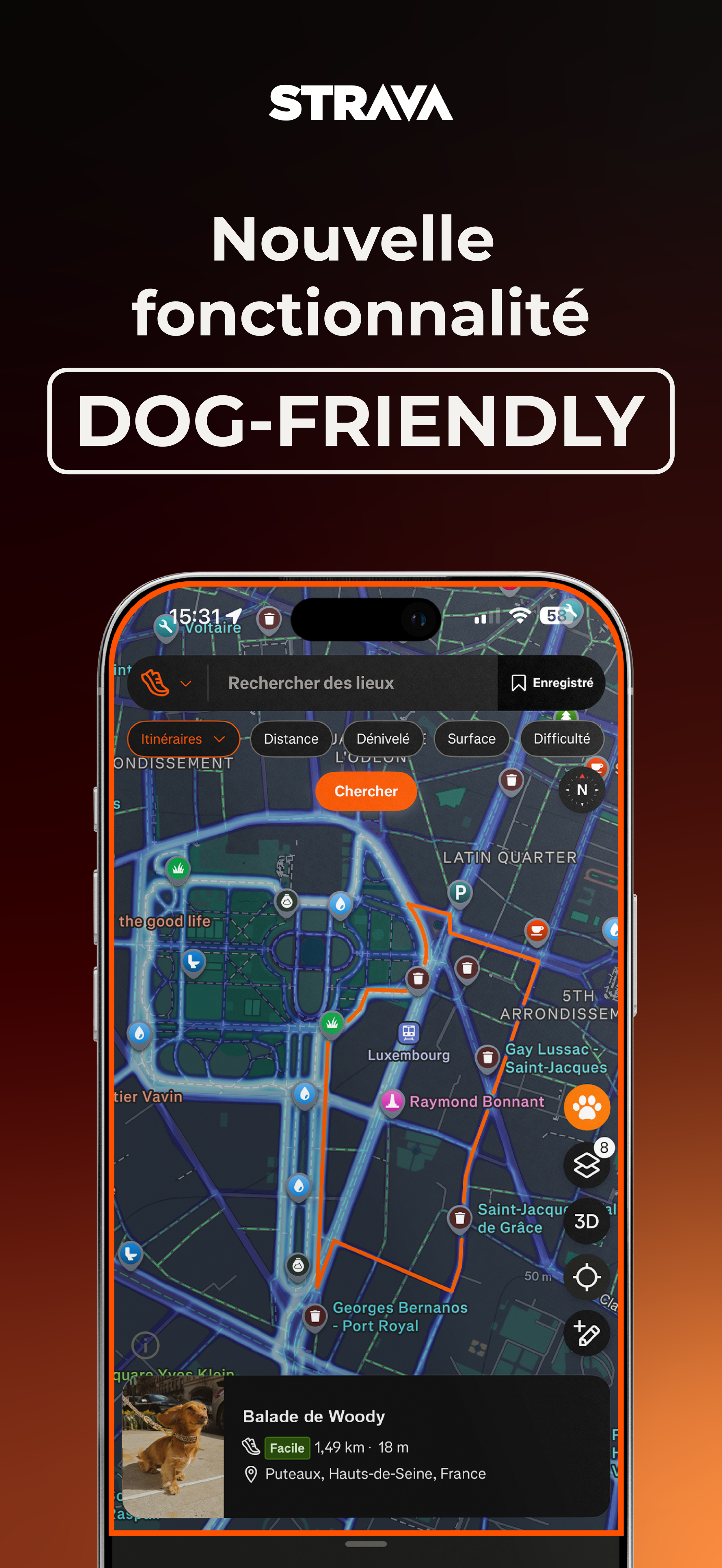 Promotion d'une nouvelle fonctionnalité amicale pour les chiens sur l'application Strava, avec une carte montrant un itinéraire dans Paris, France, avec un profil de promenade pour chien nommé Woody.
